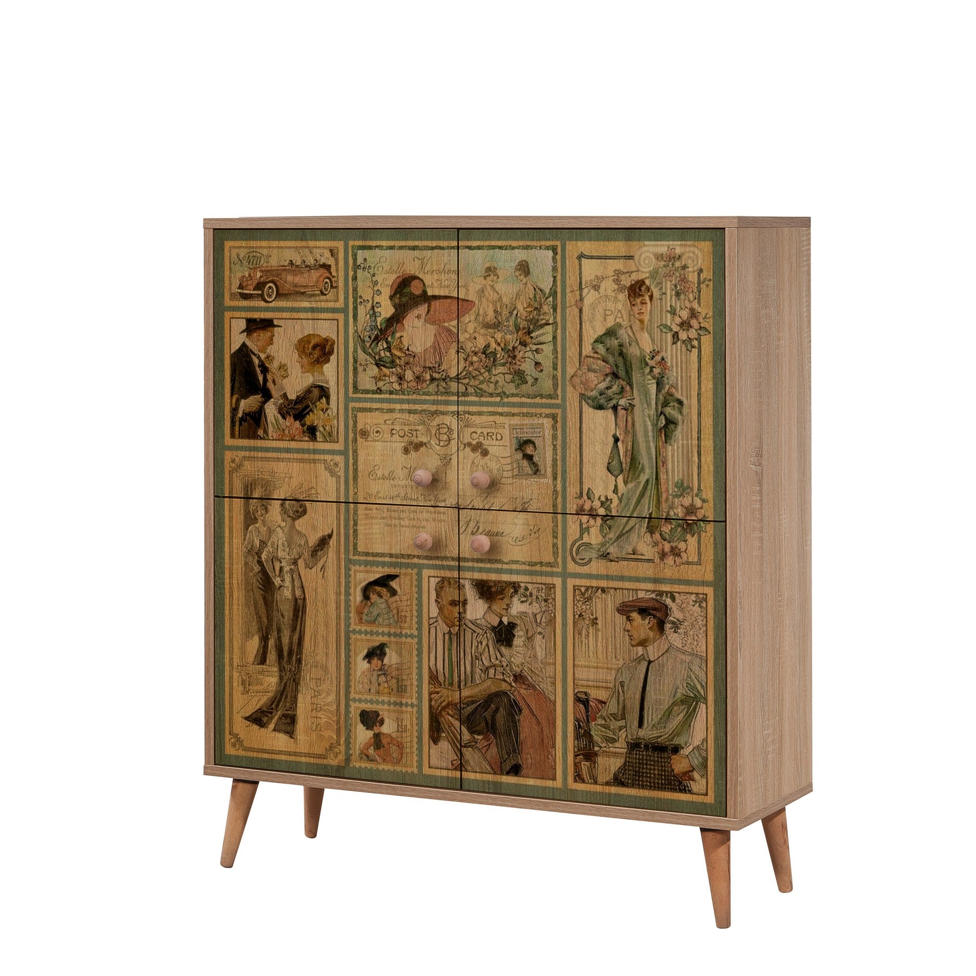 Conjunto de móveis elegantes para corredor, 100% aglomerado revestido em melamina, pernas de madeira, sapateira e banco, Sonomo e verde, perfeito para decoração de entrada