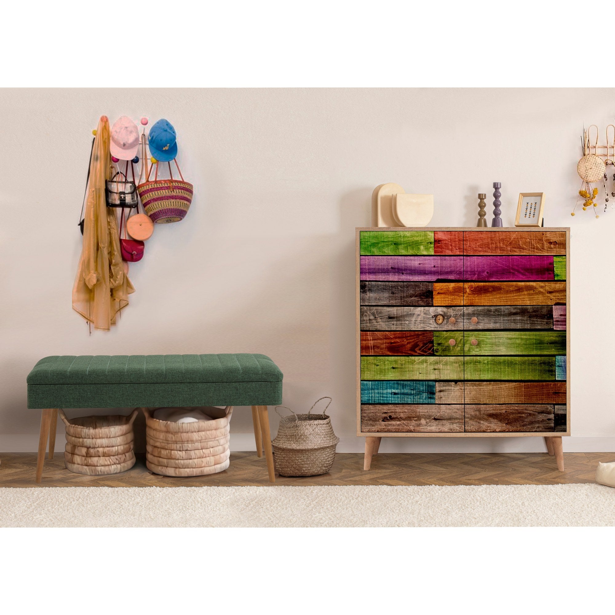 Conjunto de móveis elegantes para corredor, 100% aglomerado revestido em melamina, pernas de madeira, sapateira e banco, Sonomo e verde, perfeito para decoração de entrada