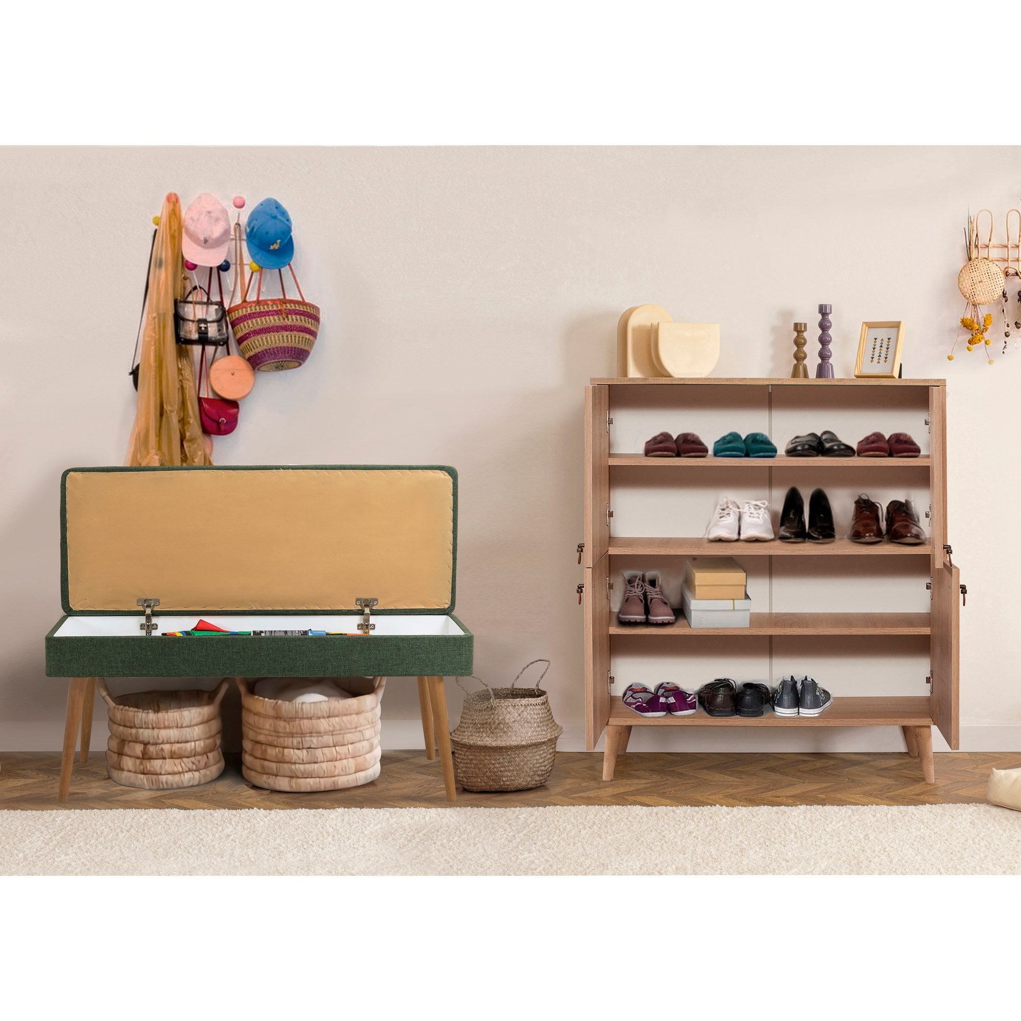 Conjunto de móveis elegantes para corredor, 100% aglomerado revestido em melamina, pernas de madeira, sapateira e banco, Sonomo e verde, perfeito para decoração de entrada