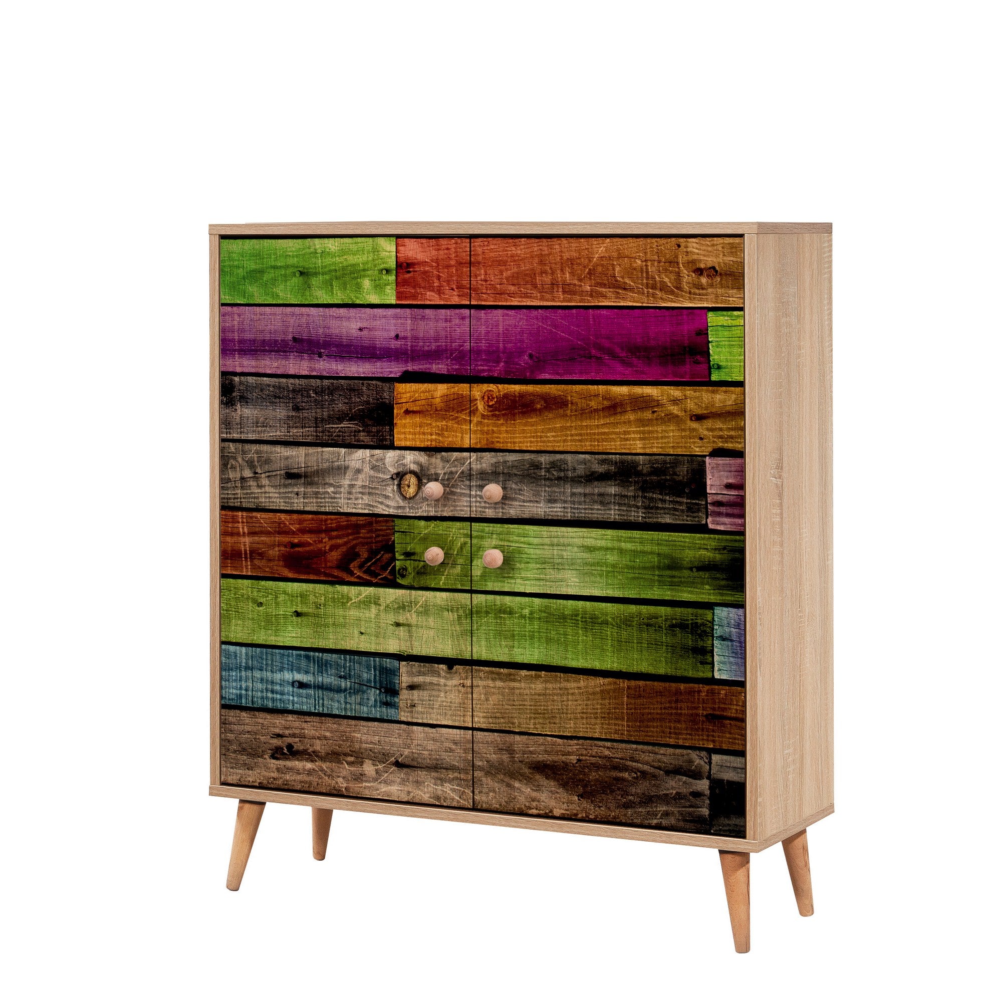 Conjunto de móveis elegantes para corredor, 100% aglomerado revestido em melamina, pernas de madeira, sapateira e banco, Sonomo e verde, perfeito para decoração de entrada
