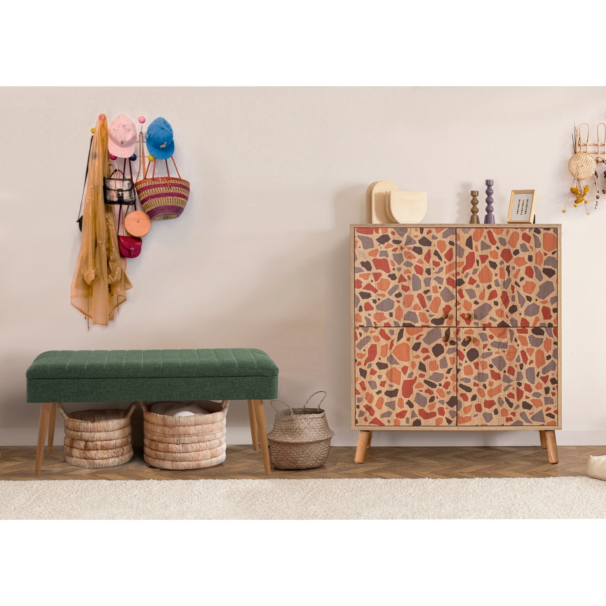 Conjunto de móveis elegantes para corredor, 100% aglomerado revestido em melamina, pernas de madeira, sapateira e banco, Sonomo e verde, perfeito para decoração de entrada