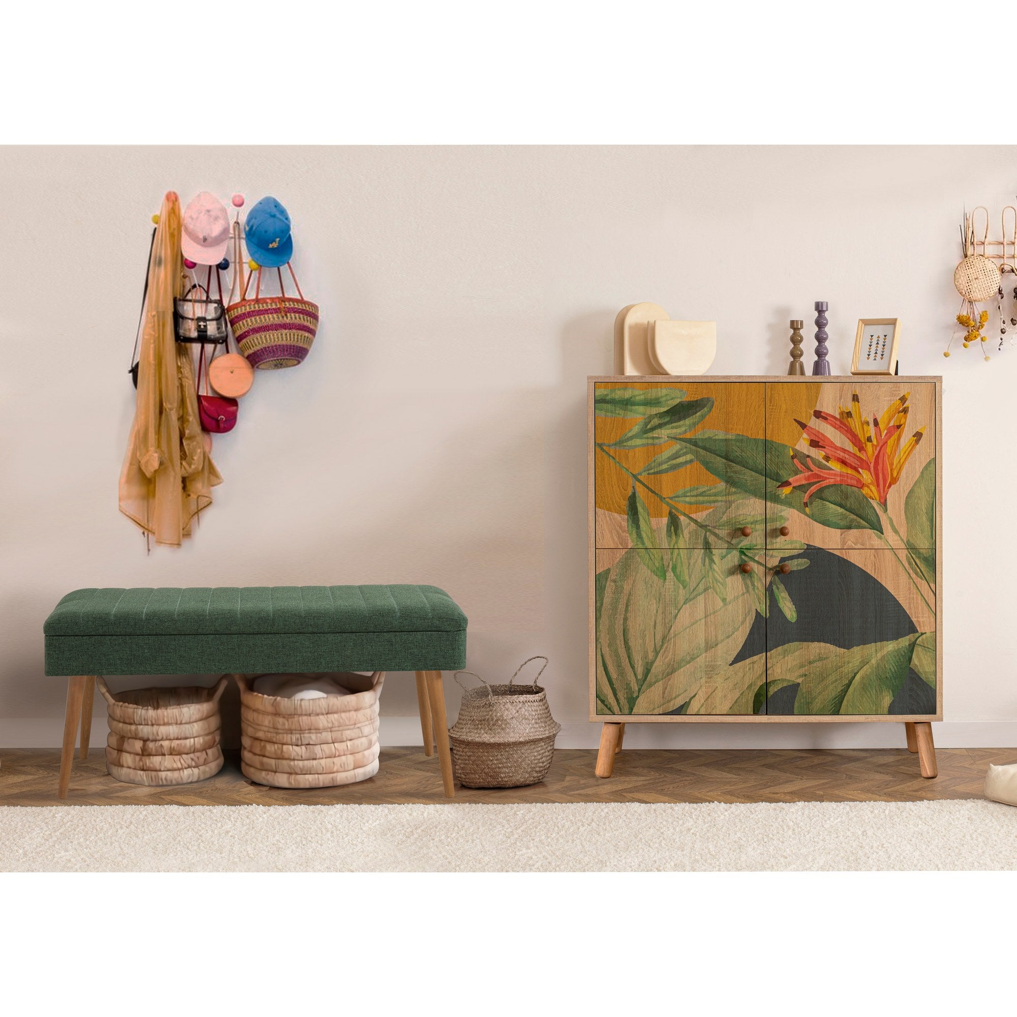 Conjunto de móveis elegantes para corredor, 100% aglomerado revestido em melamina, pernas de madeira, sapateira e banco, Sonomo e verde, perfeito para decoração de entrada