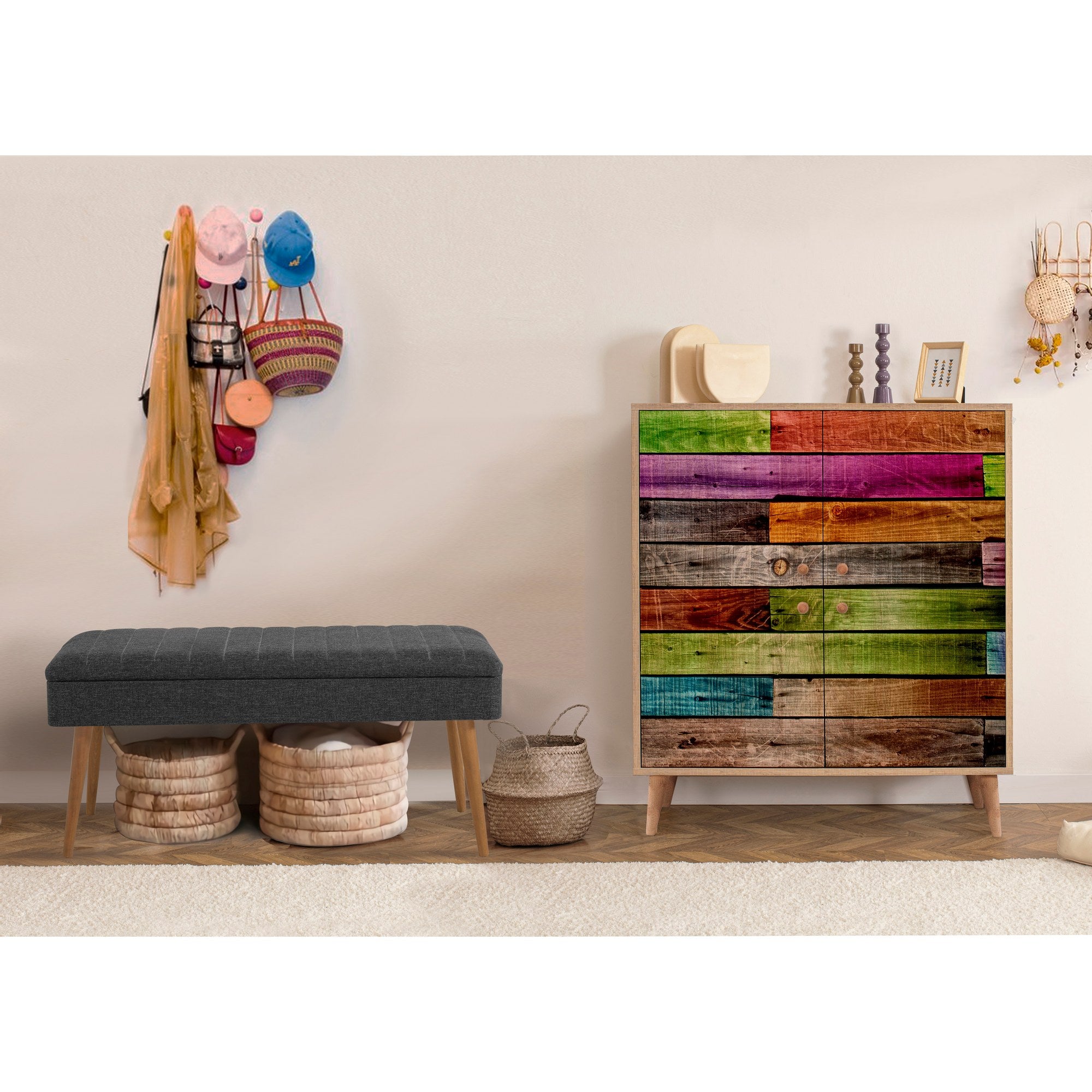Conjunto de móveis elegantes para corredor, 100% aglomerado revestido em melamina, pernas de madeira, sapateira e banco, Sonomo/Antracite, perfeito para entrada