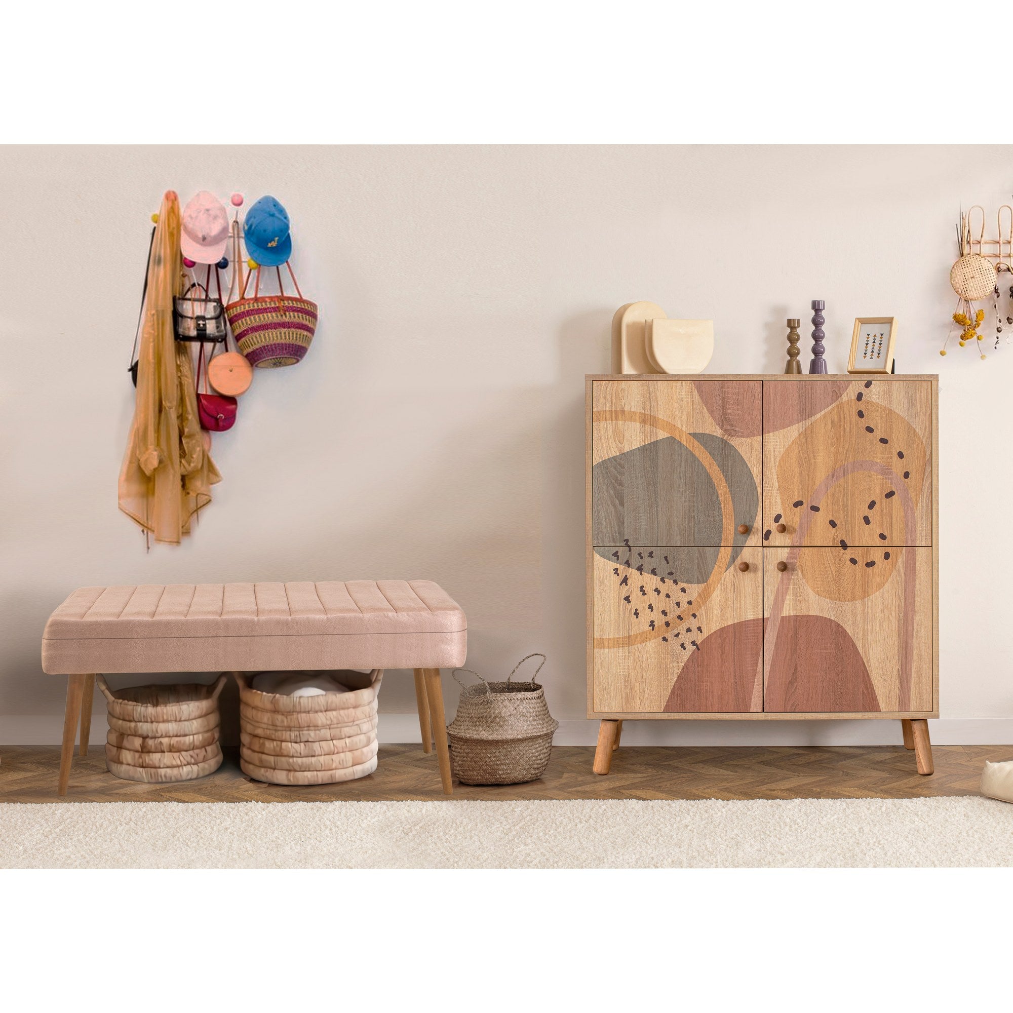 Conjunto elegante de móveis para corredor, 100% revestido em melamina, pernas de madeira, sapateira e banco de veludo, cores Sonomo e pedra | Perfeito para organização de entrada