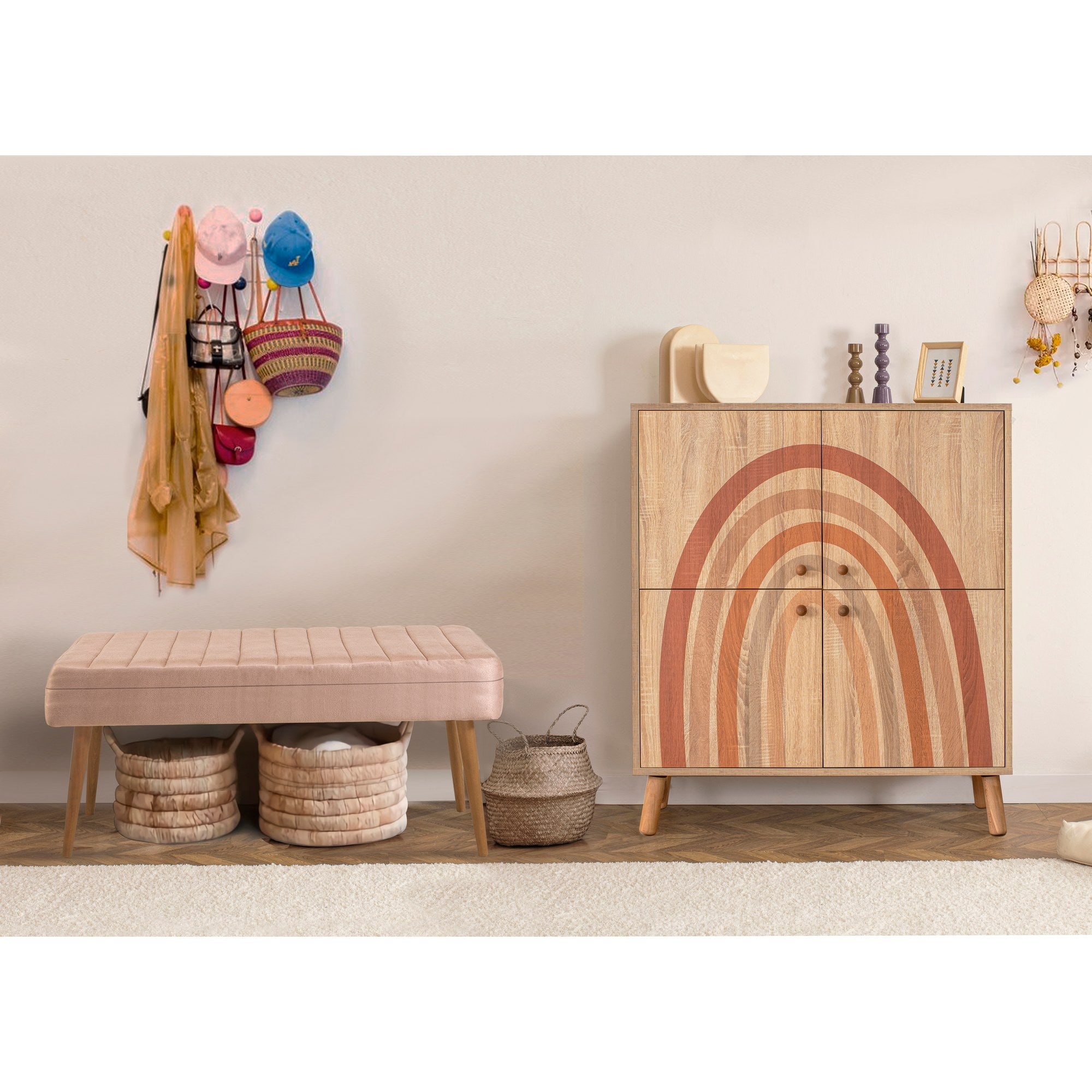 Conjunto elegante de móveis para corredor, 100% revestido em melamina, pernas de madeira, sapateira e banco de veludo, cores Sonomo e pedra | Perfeito para organização de entrada