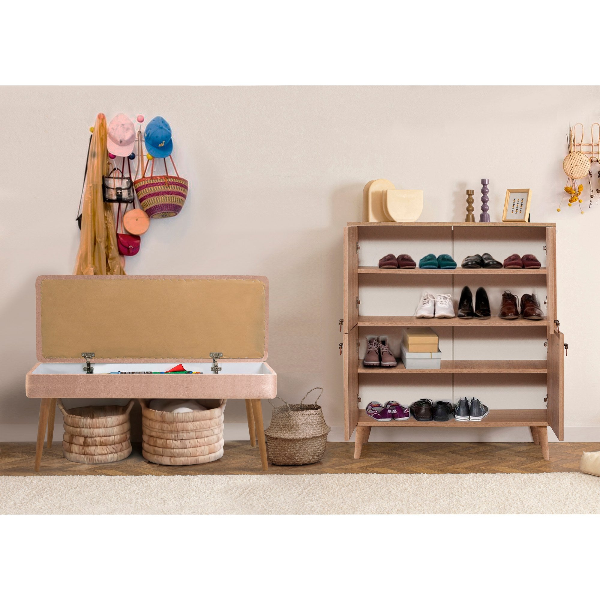 Conjunto elegante de móveis para corredor, 100% revestido em melamina, pernas de madeira, sapateira e banco de veludo, cores Sonomo e pedra | Perfeito para organização de entrada