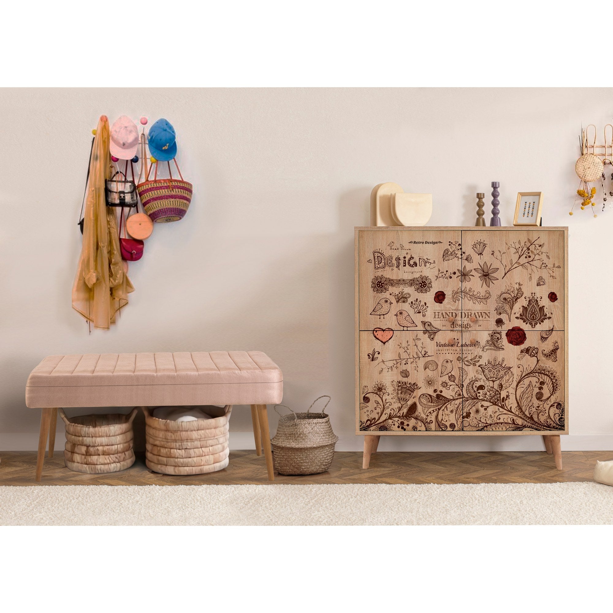 Conjunto elegante de móveis para corredor, 100% revestido em melamina, pernas de madeira, sapateira e banco de veludo, cores Sonomo e pedra | Perfeito para organização de entrada