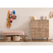 Conjunto elegante de móveis para corredor, 100% revestido em melamina, pernas de madeira, sapateira e banco de veludo, cores Sonomo e pedra | Perfeito para organização de entrada