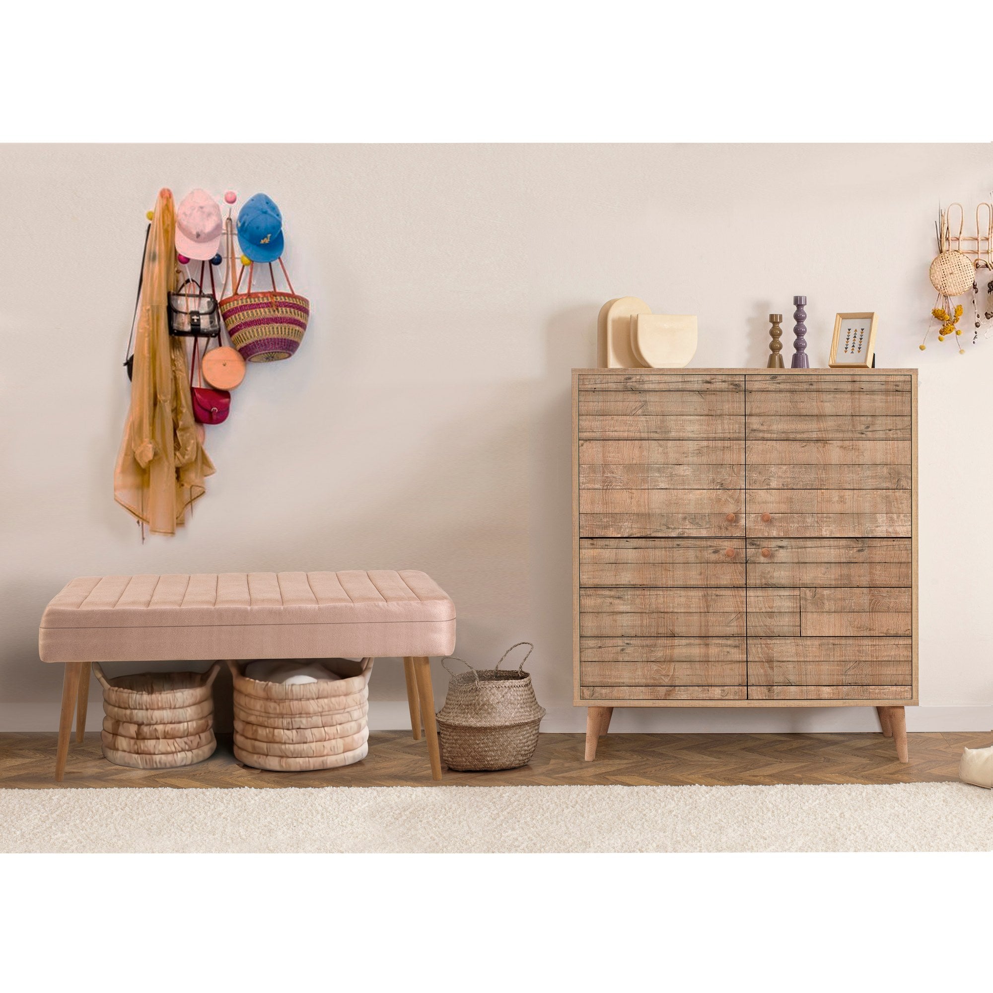 Conjunto elegante de móveis para corredor, 100% revestido em melamina, pernas de madeira, sapateira e banco de veludo, cores Sonomo e pedra | Perfeito para organização de entrada