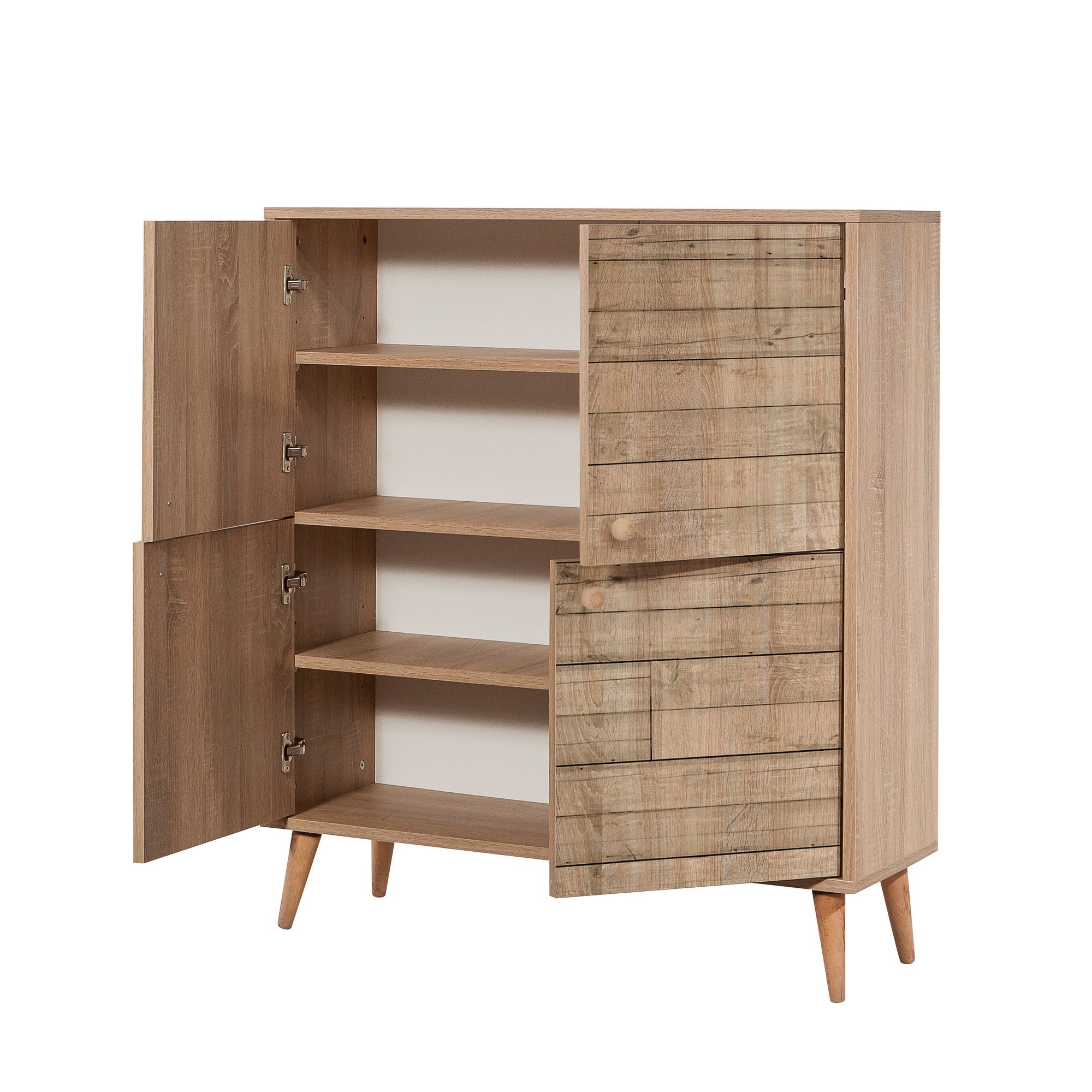Conjunto elegante de móveis para corredor, 100% revestido em melamina, pernas de madeira, sapateira e banco de veludo, cores Sonomo e pedra | Perfeito para organização de entrada