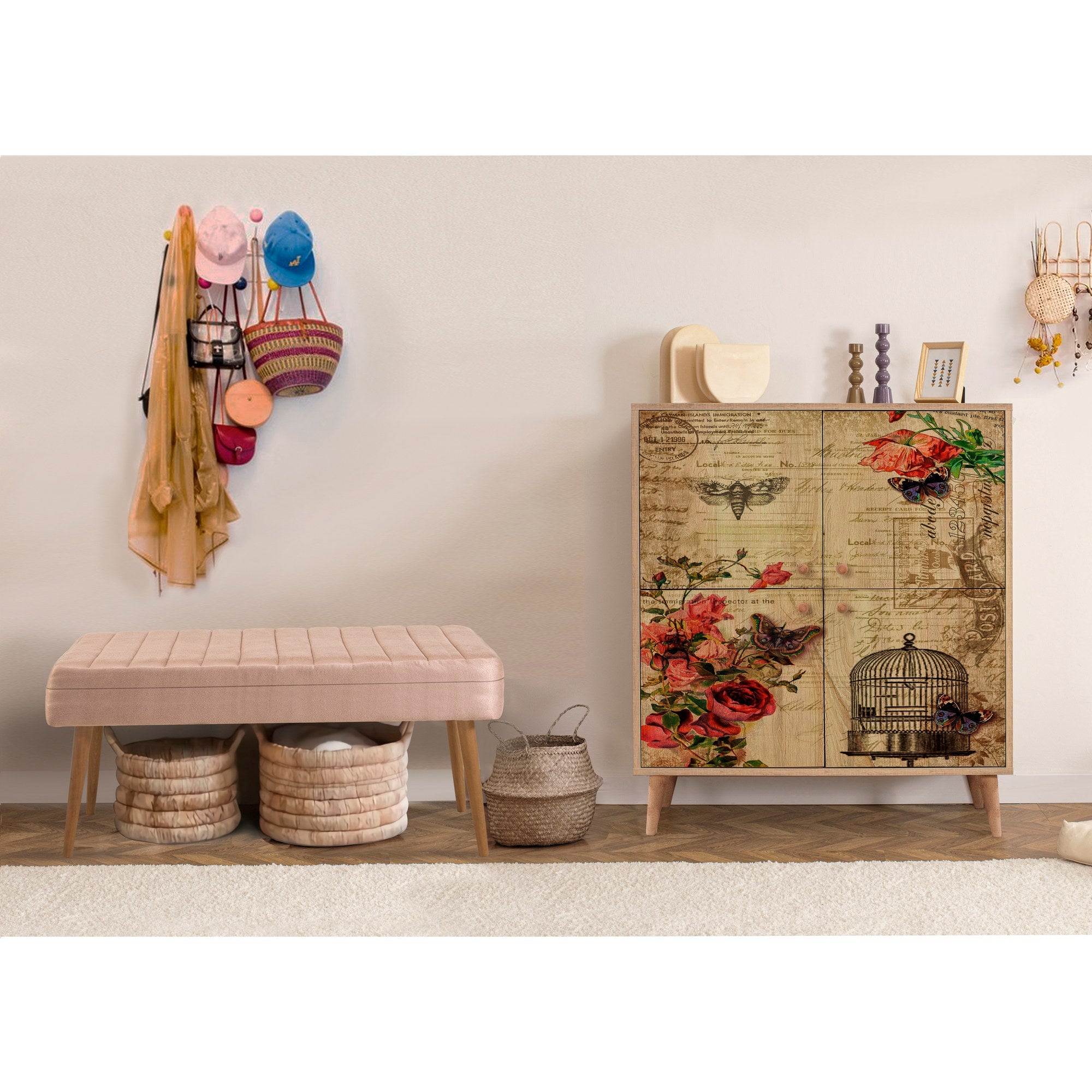 Conjunto elegante de móveis para corredor, 100% revestido em melamina, pernas de madeira, sapateira e banco de veludo, cores Sonomo e pedra | Perfeito para organização de entrada