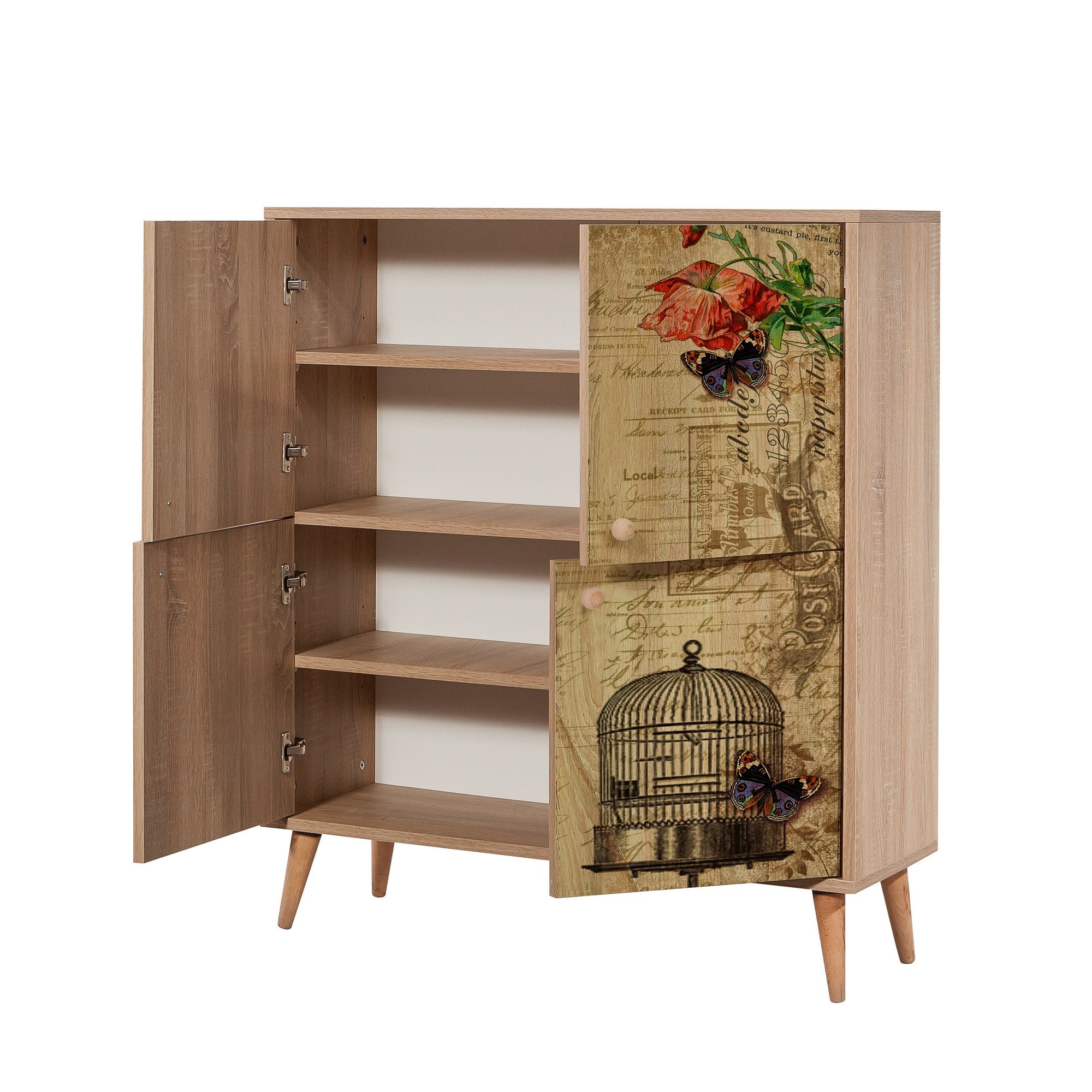 Conjunto elegante de móveis para corredor, 100% revestido em melamina, pernas de madeira, sapateira e banco de veludo, cores Sonomo e pedra | Perfeito para organização de entrada
