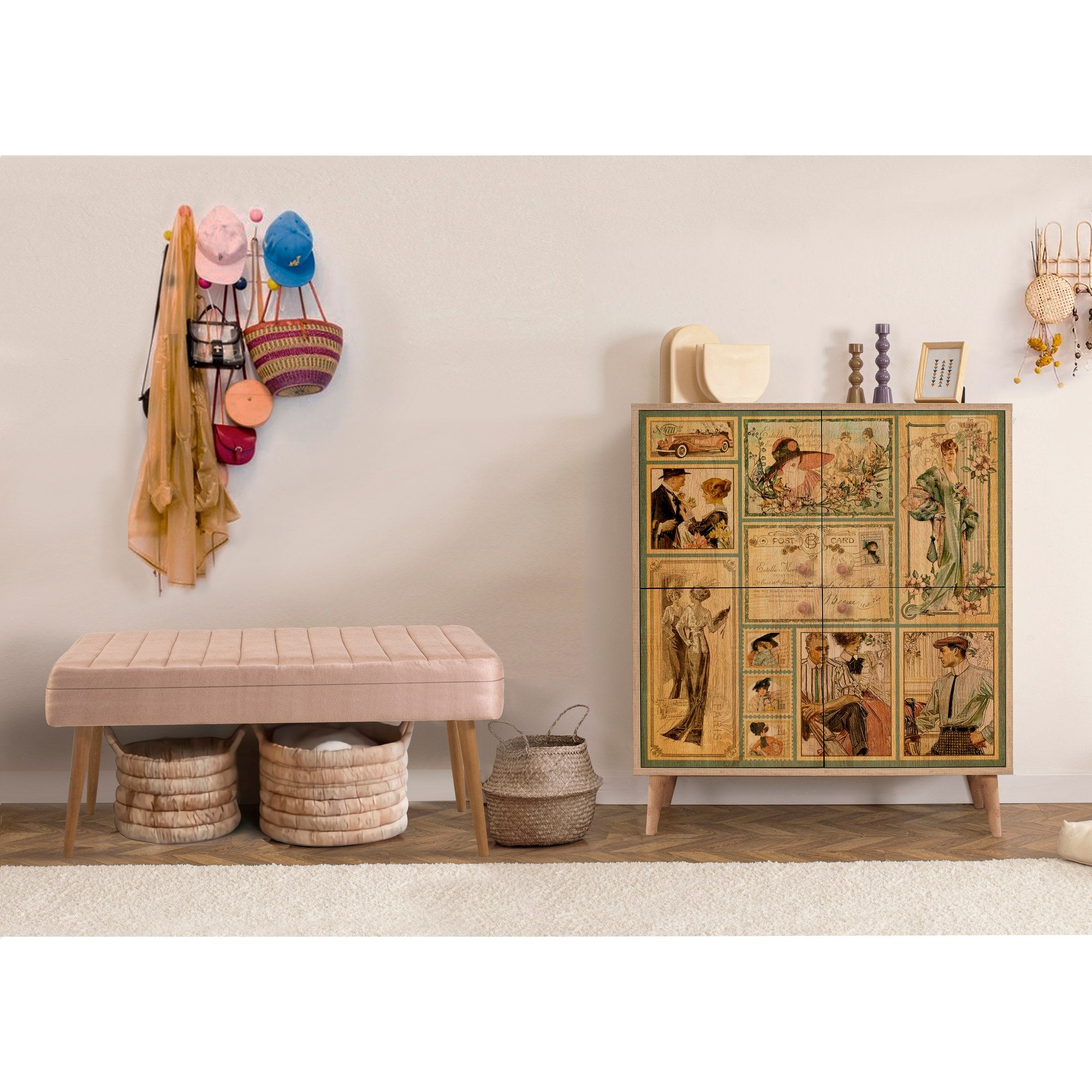 Conjunto elegante de móveis para corredor, 100% revestido em melamina, pernas de madeira, sapateira e banco de veludo, cores Sonomo e pedra | Perfeito para organização de entrada