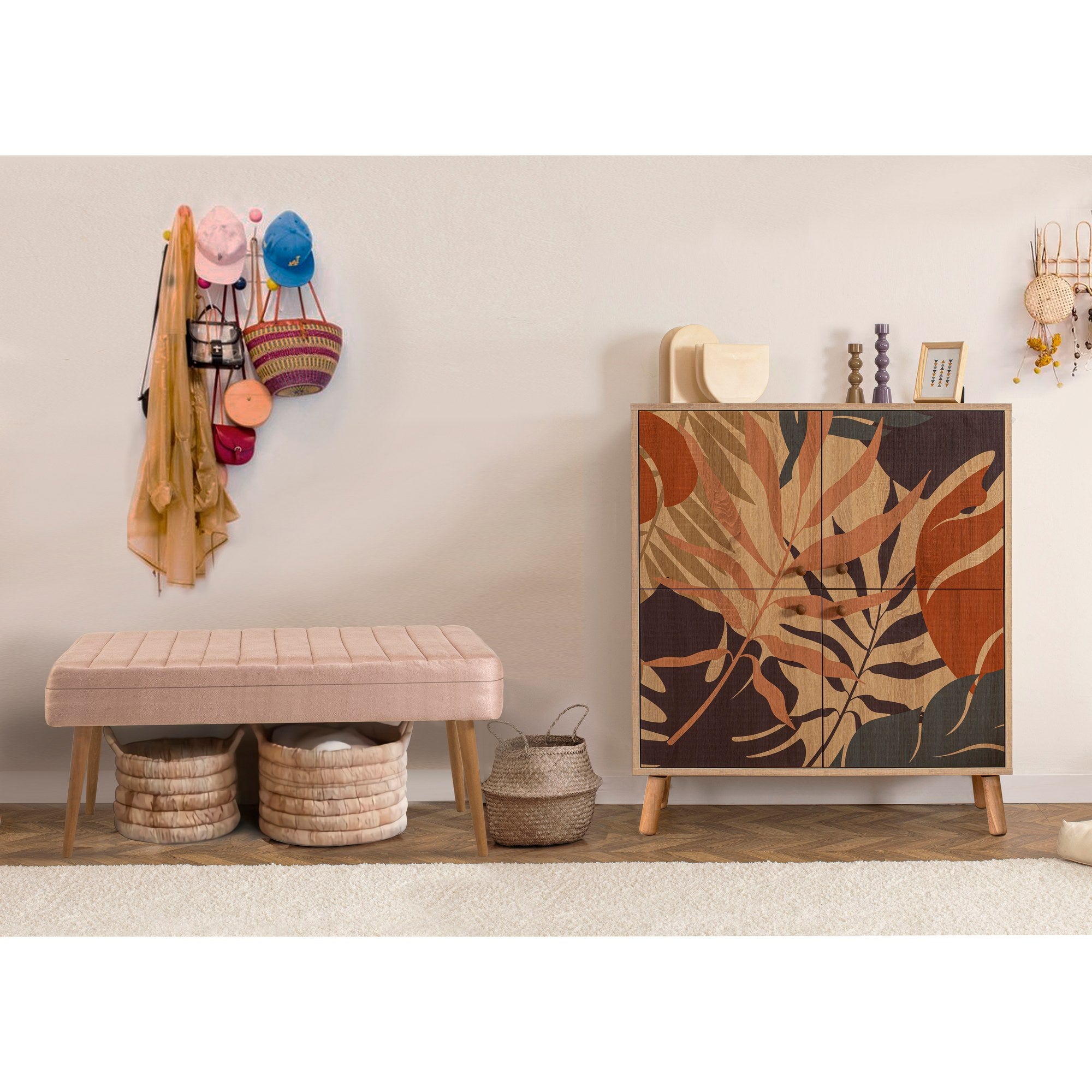 Conjunto elegante de móveis para corredor, 100% revestido em melamina, pernas de madeira, sapateira e banco de veludo, cores Sonomo e pedra | Perfeito para organização de entrada