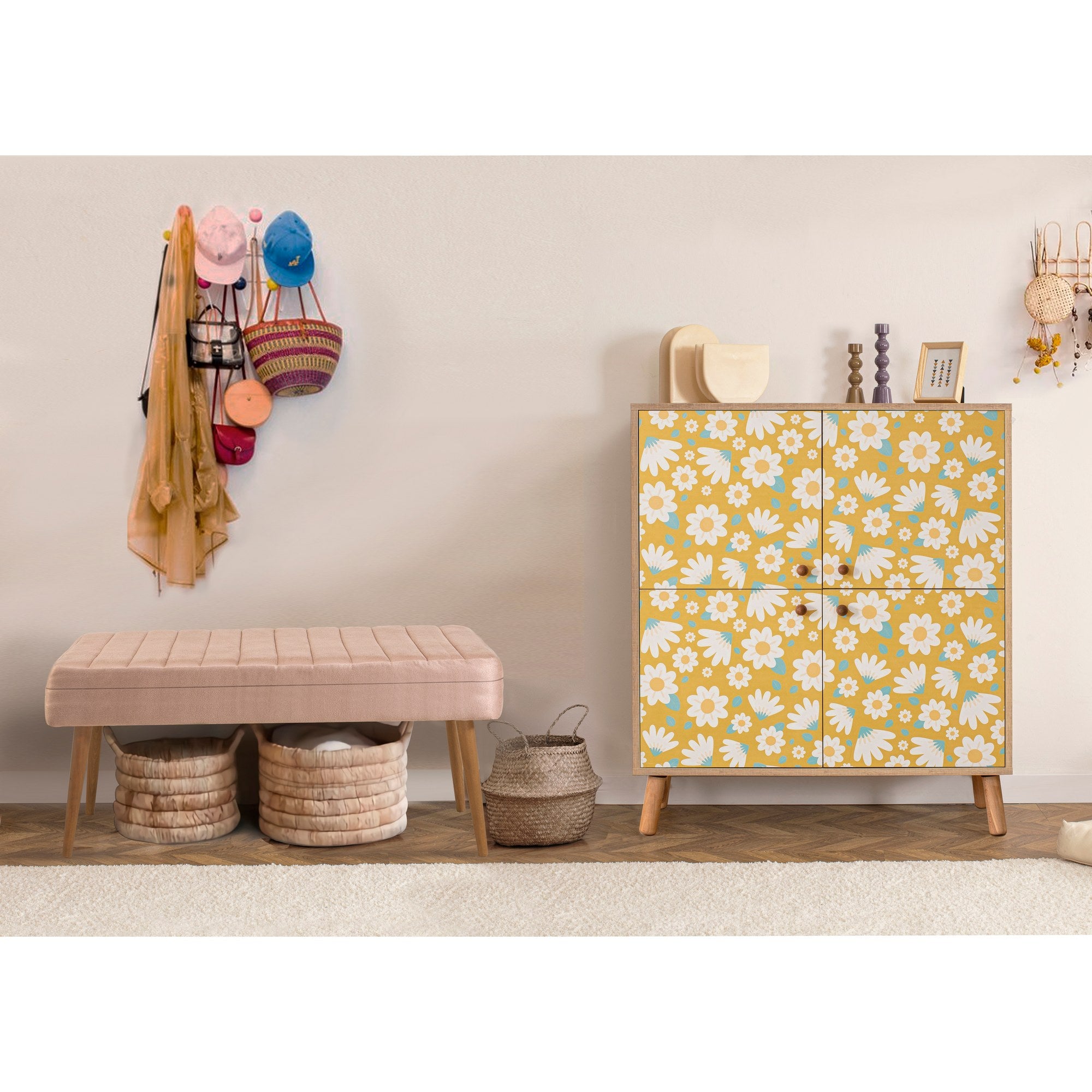 Conjunto elegante de móveis para corredor, 100% revestido em melamina, pernas de madeira, sapateira e banco de veludo, cores Sonomo e pedra | Perfeito para organização de entrada
