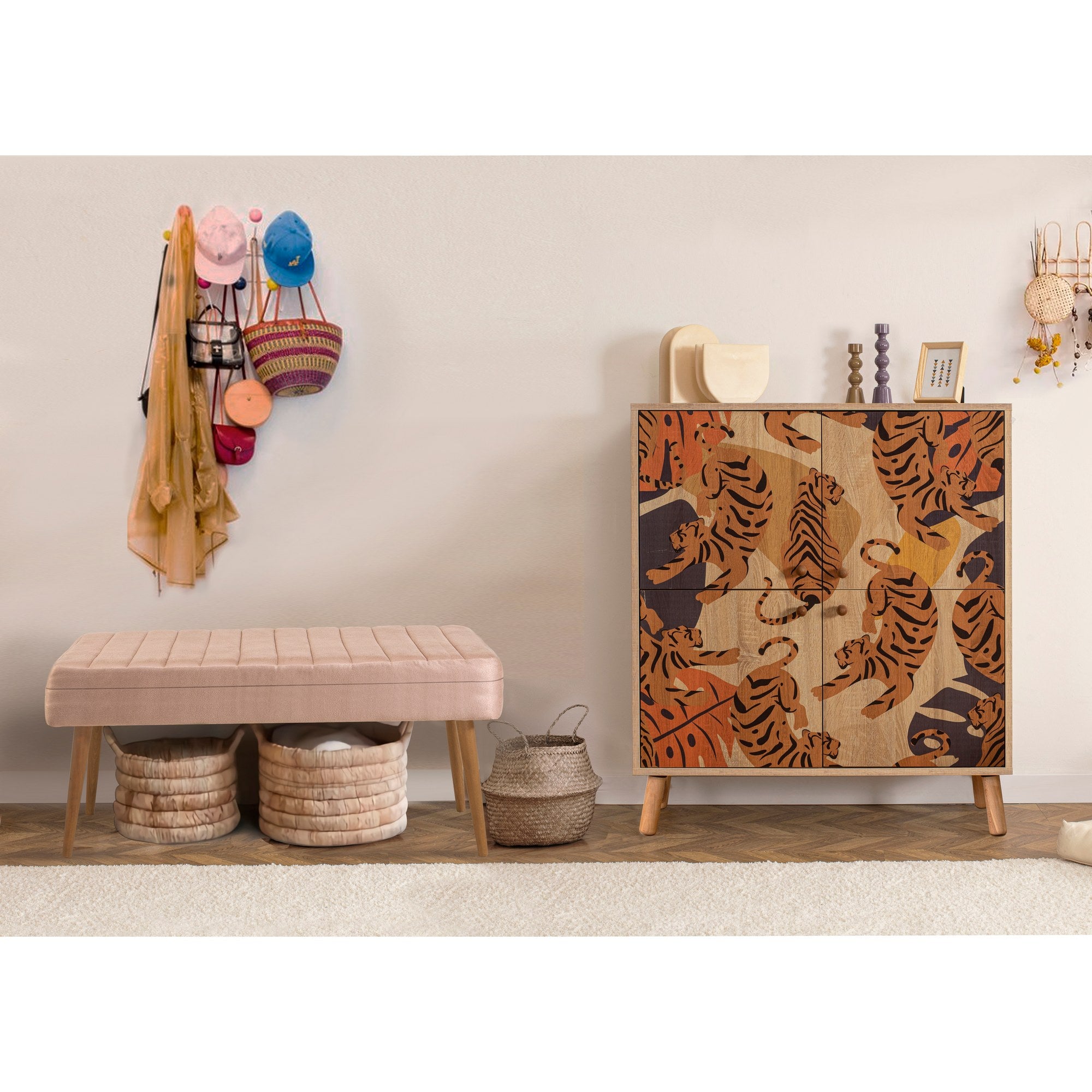 Conjunto elegante de móveis para corredor, 100% revestido em melamina, pernas de madeira, sapateira e banco de veludo, cores Sonomo e pedra | Perfeito para organização de entrada