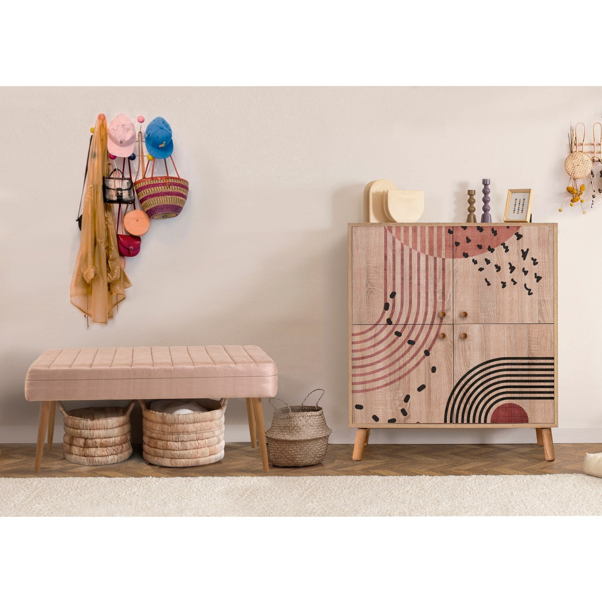 Conjunto elegante de móveis para corredor, 100% revestido em melamina, pernas de madeira, sapateira e banco de veludo, cores Sonomo e pedra | Perfeito para organização de entrada