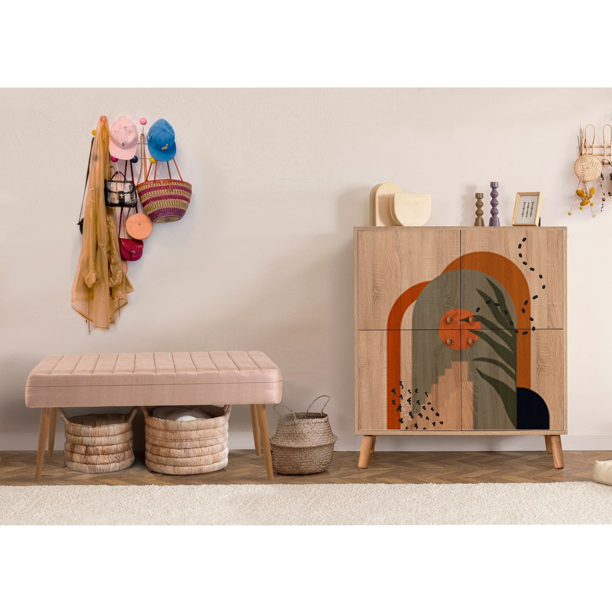 Conjunto elegante de móveis para corredor, 100% revestido em melamina, pernas de madeira, sapateira e banco de veludo, cores Sonomo e pedra | Perfeito para organização de entrada