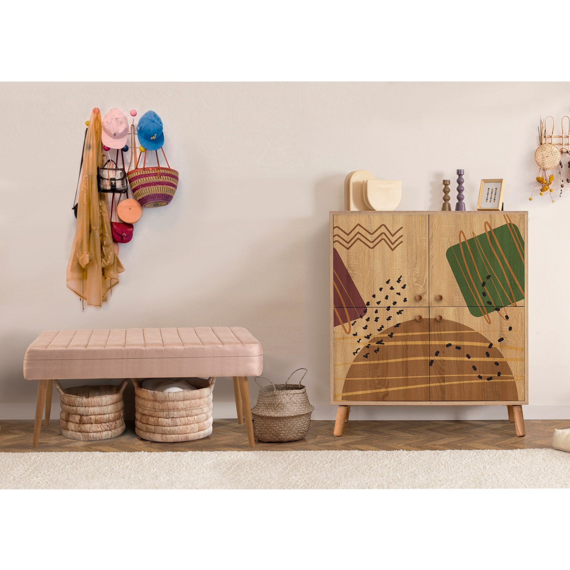 Conjunto elegante de móveis para corredor, 100% revestido em melamina, pernas de madeira, sapateira e banco de veludo, cores Sonomo e pedra | Perfeito para organização de entrada