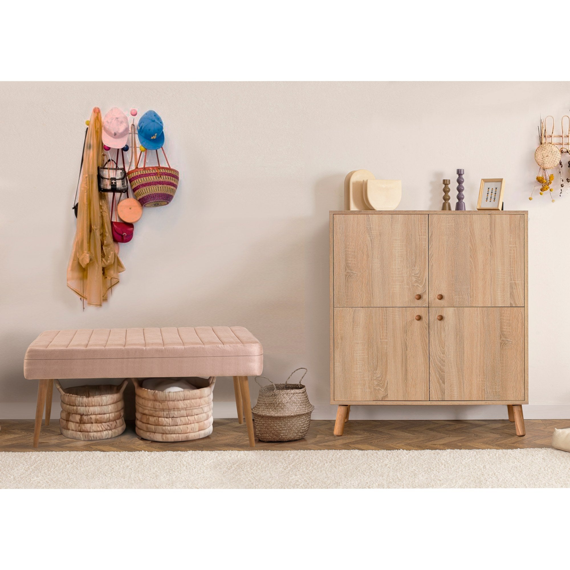 Conjunto elegante de móveis para corredor, 100% revestido em melamina, pernas de madeira, sapateira e banco de veludo, cores Sonomo e pedra | Perfeito para organização de entrada