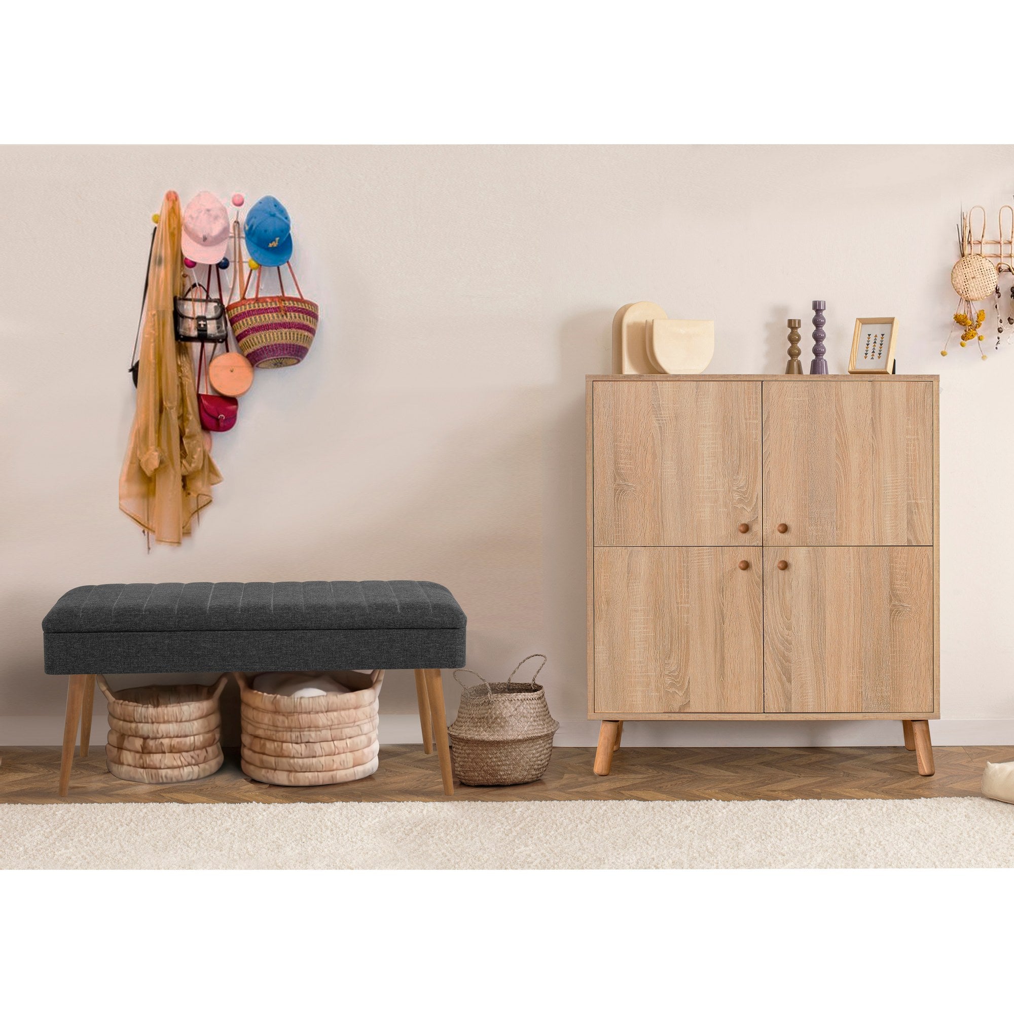 Conjunto de móveis elegantes para corredor, 100% aglomerado revestido em melamina, pernas de madeira, sapateira e banco, Sonomo/Antracite, perfeito para entrada