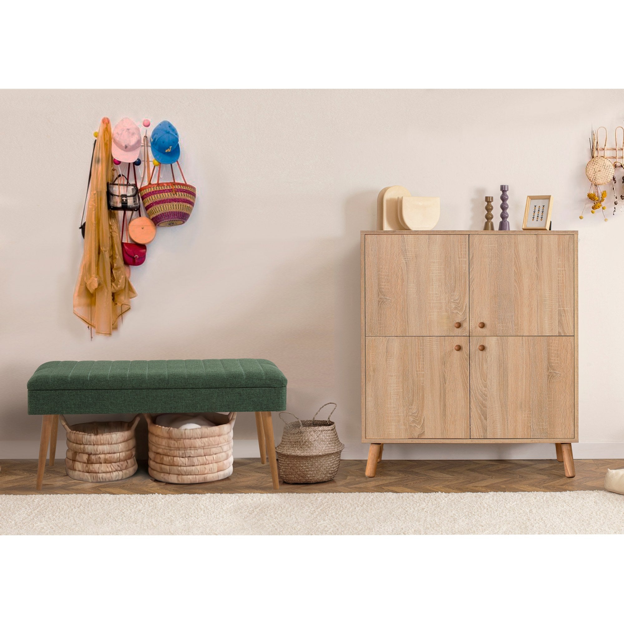 Conjunto de móveis elegantes para corredor, 100% aglomerado revestido em melamina, pernas de madeira, sapateira e banco, Sonomo e verde, perfeito para decoração de entrada