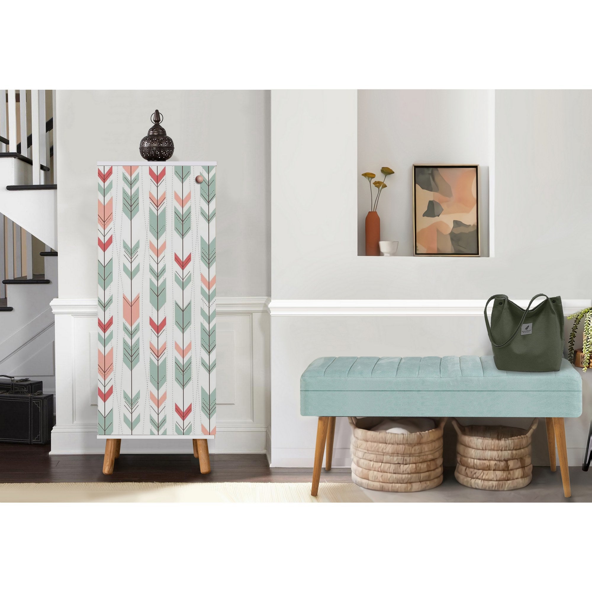 Conjunto de Móveis Elegantes para Corredor, Branco e Verde-Mar, 100% Melamina, 18mm de Espessura | Sapateira (50x135x38 cm) e Banco de Veludo (105x50x40 cm)