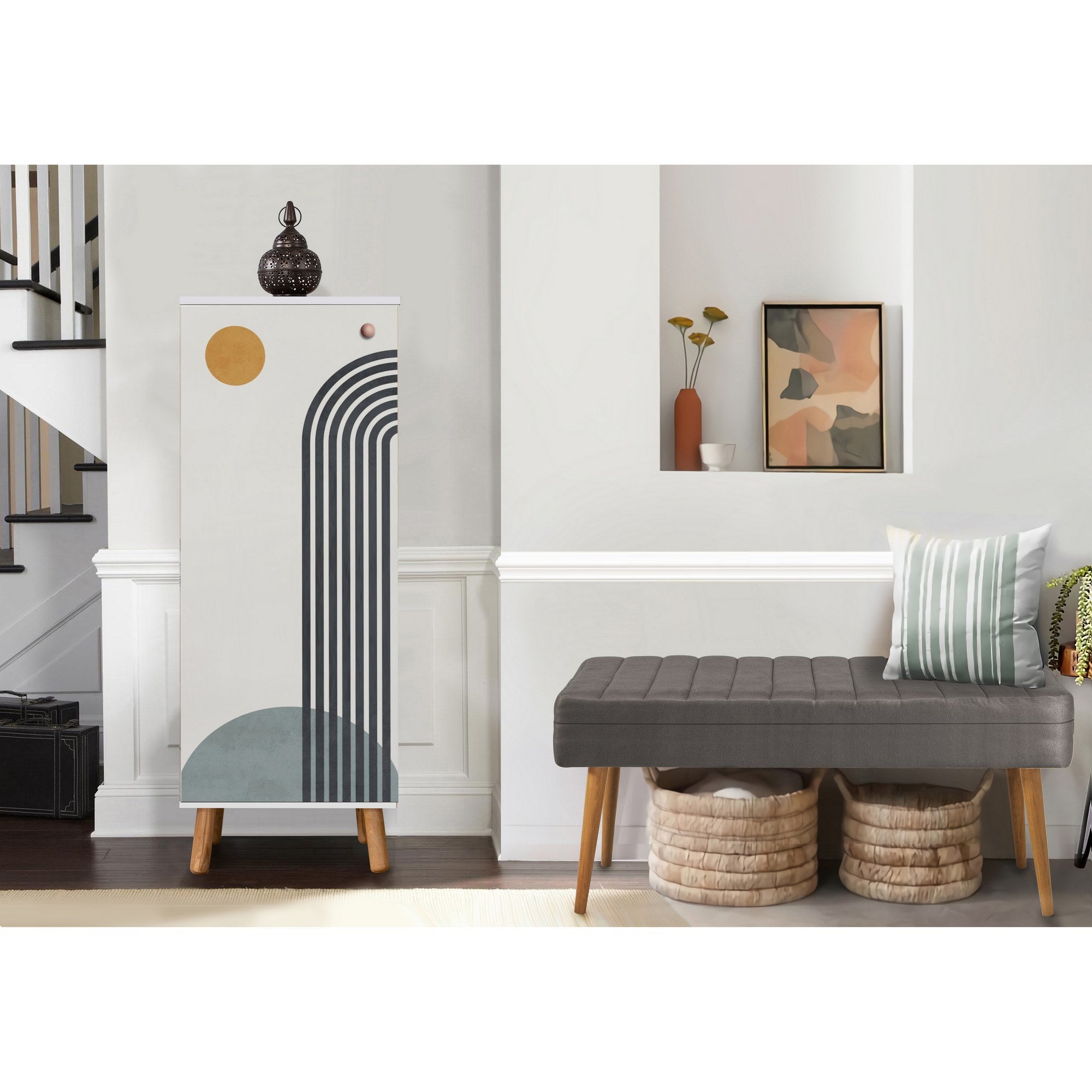 Conjunto elegante de móveis para corredor, 100% aglomerado revestido em melamina, pernas de madeira | Sapateira (50x135x38 cm) e banco de veludo (105x50x40 cm) | Design branco e cinza