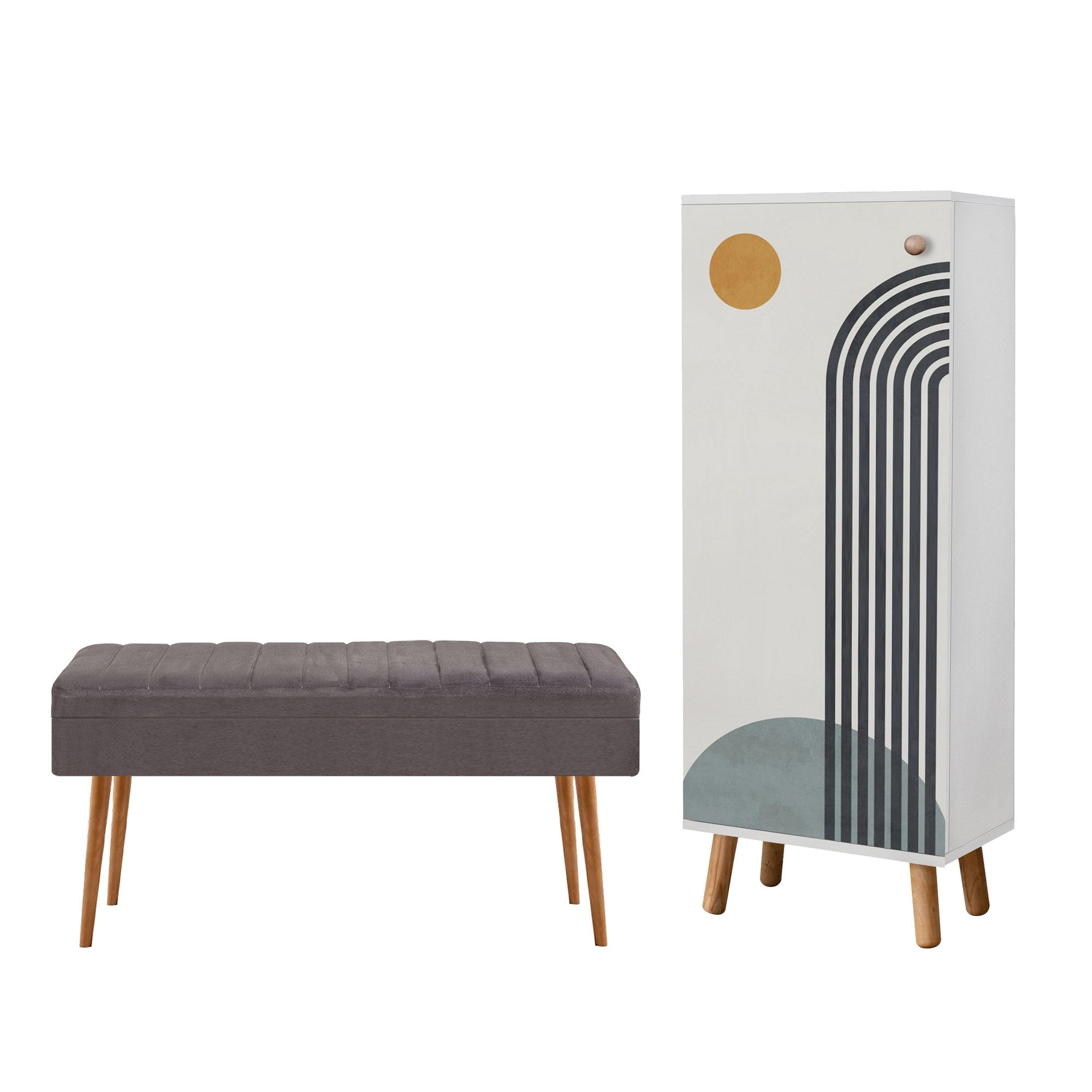 Conjunto elegante de móveis para corredor, 100% aglomerado revestido em melamina, pernas de madeira | Sapateira (50x135x38 cm) e banco de veludo (105x50x40 cm) | Design branco e cinza