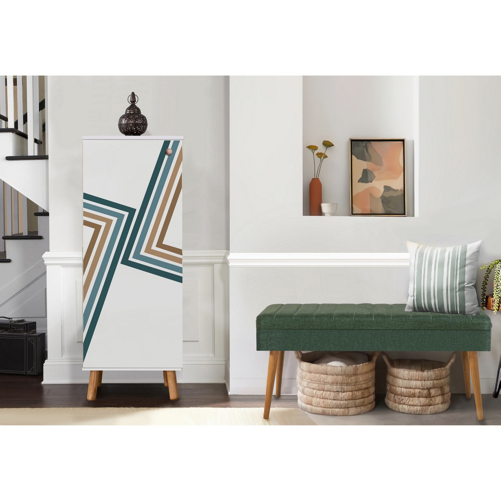 Conjunto de móveis elegantes para corredor, branco e verde, 100% revestido em melamina, 18 mm de espessura | Sapateira (50x135x38 cm) e banco (105x50x40 cm) com pés de madeira e tecido de linho