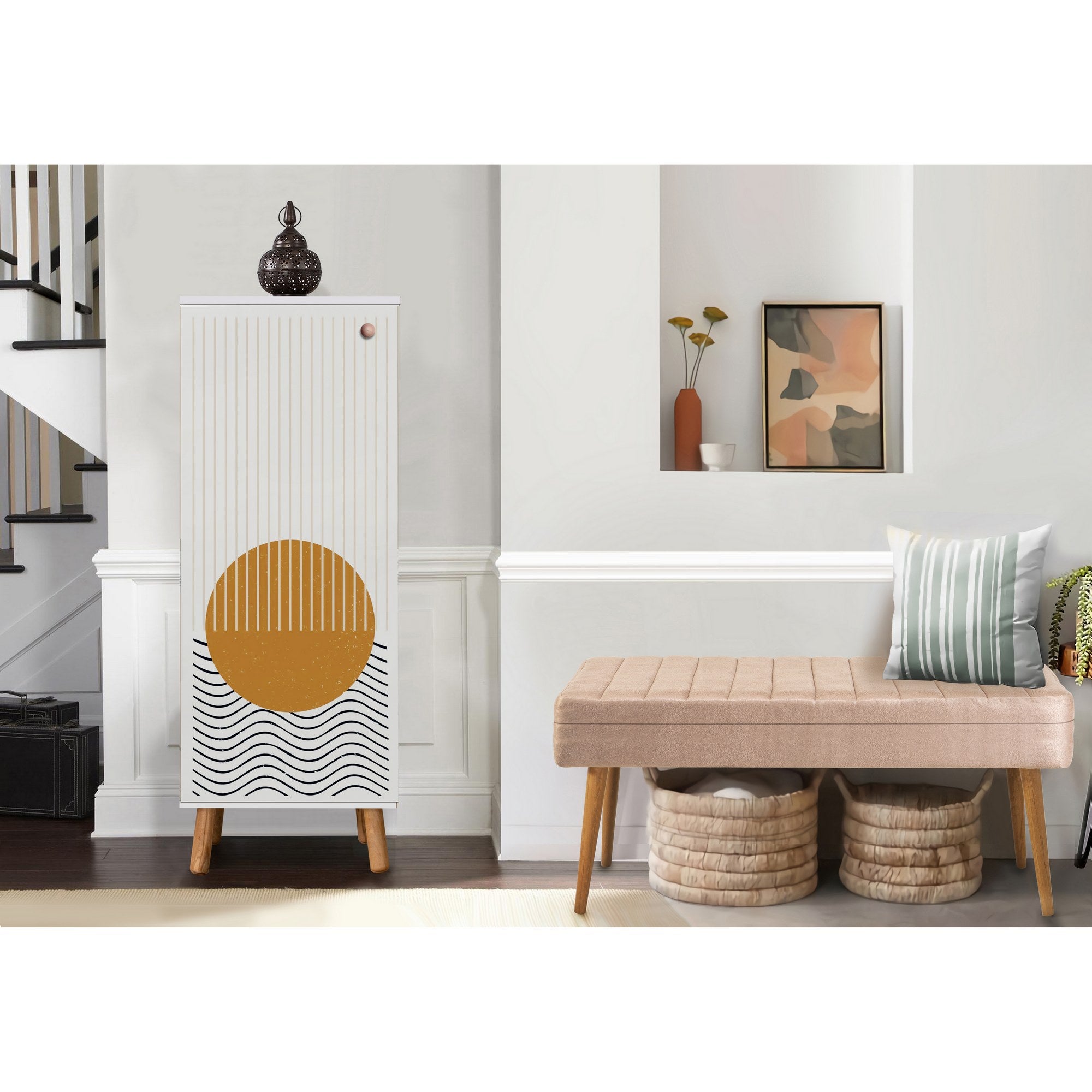 Conjunto de móveis elegantes para corredor, painel de partículas 100% revestido em melamina, pernas de madeira, banco de veludo, branco e pedra, sapateira: 50x135x38 cm, banco: 105x50x40 cm.