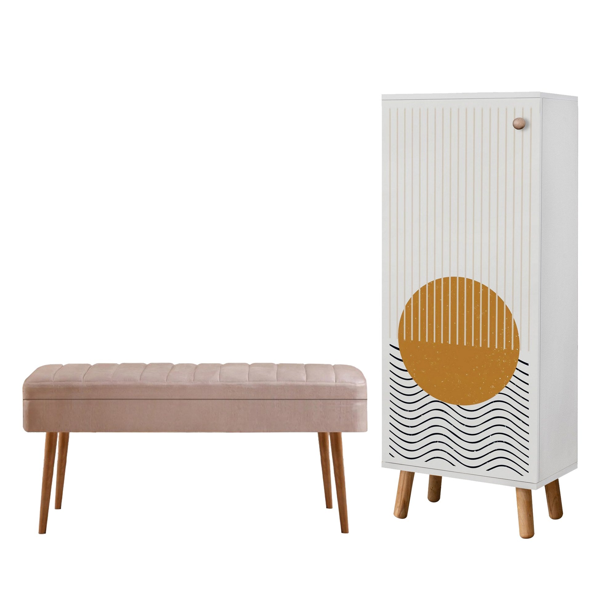 Conjunto de móveis elegantes para corredor, painel de partículas 100% revestido em melamina, pernas de madeira, banco de veludo, branco e pedra, sapateira: 50x135x38 cm, banco: 105x50x40 cm.