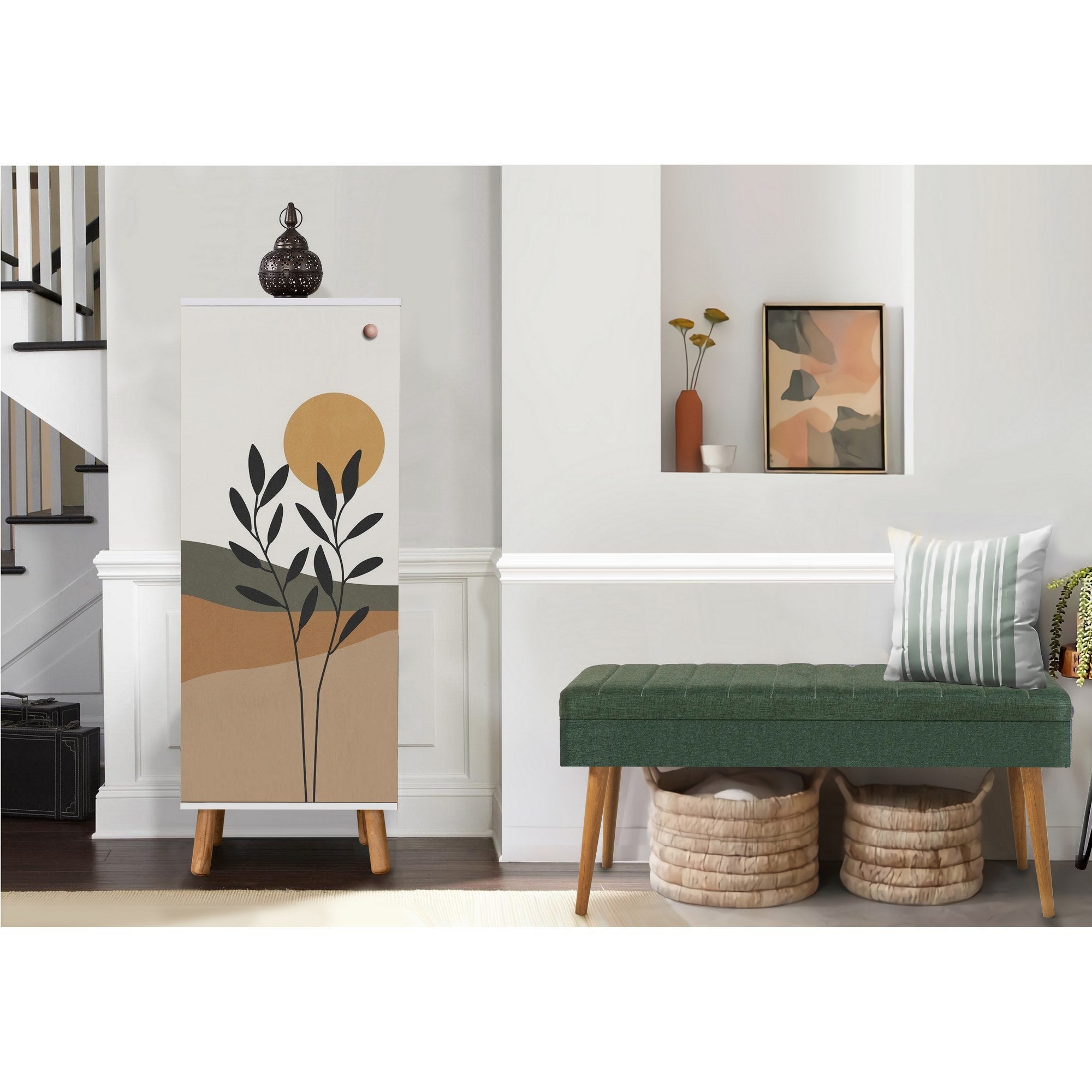 Conjunto de móveis elegantes para corredor, branco e verde, 100% revestido em melamina, 18 mm de espessura | Sapateira (50x135x38 cm) e banco (105x50x40 cm) com pés de madeira e tecido de linho