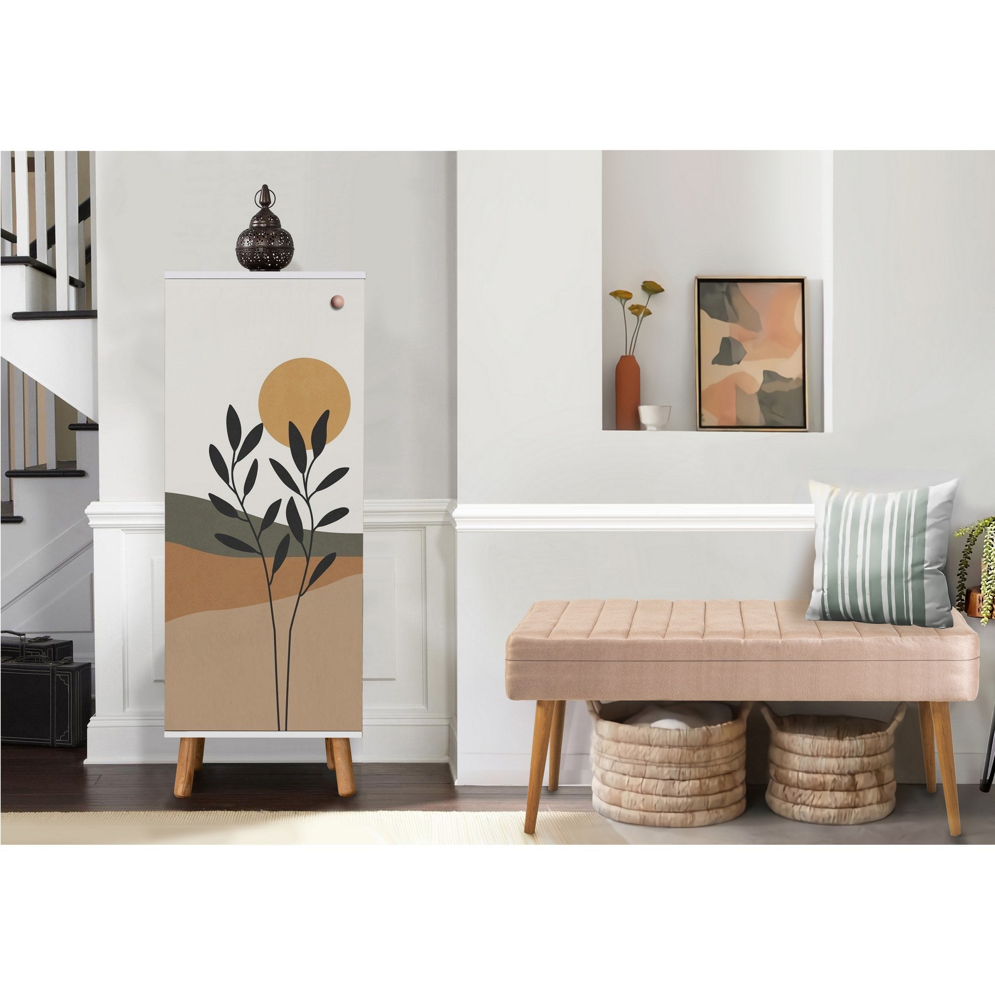 Conjunto de móveis elegantes para corredor, painel de partículas 100% revestido em melamina, pernas de madeira, banco de veludo, branco e pedra, sapateira: 50x135x38 cm, banco: 105x50x40 cm.