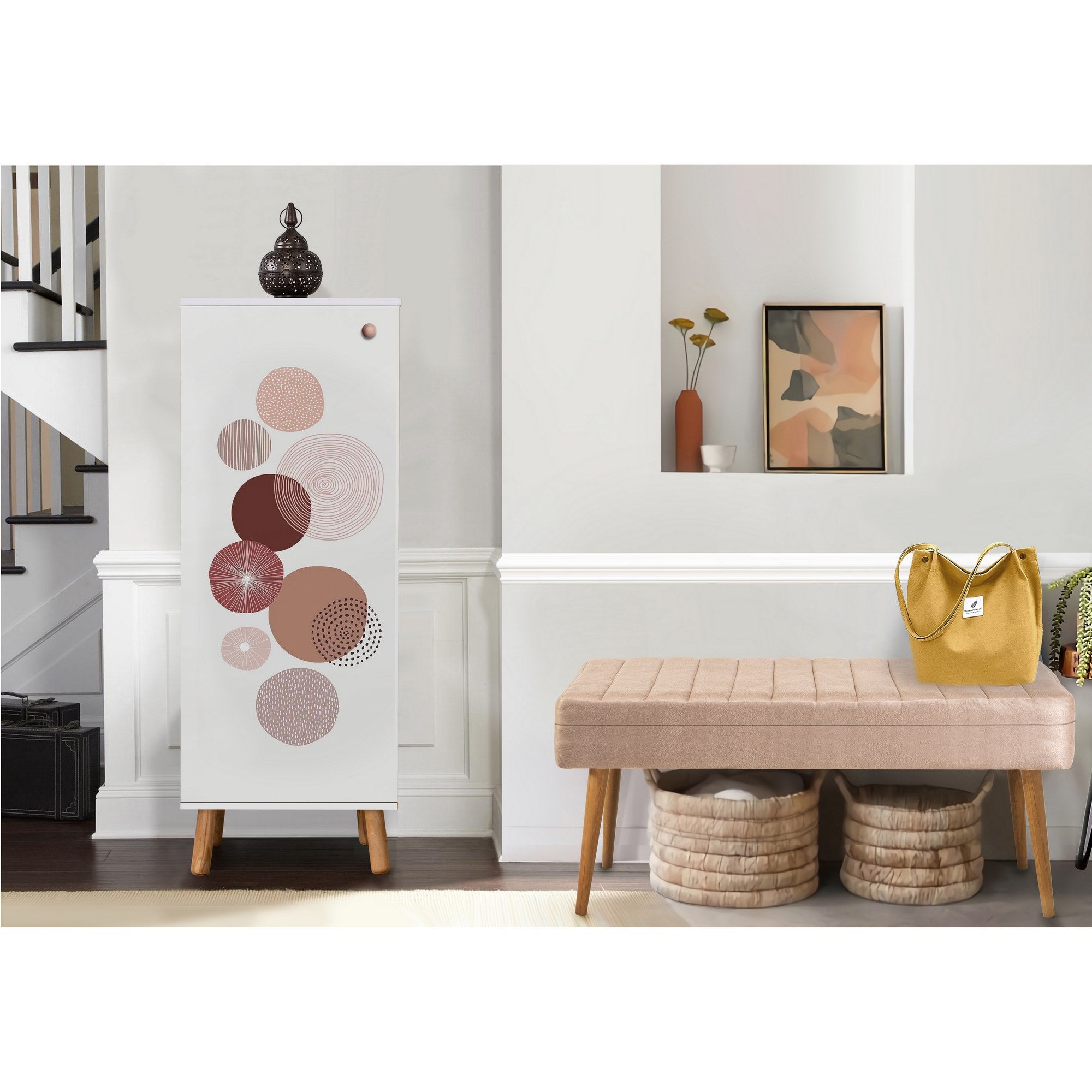 Conjunto de móveis elegantes para corredor, painel de partículas 100% revestido em melamina, pernas de madeira, banco de veludo, branco e pedra, sapateira: 50x135x38 cm, banco: 105x50x40 cm.