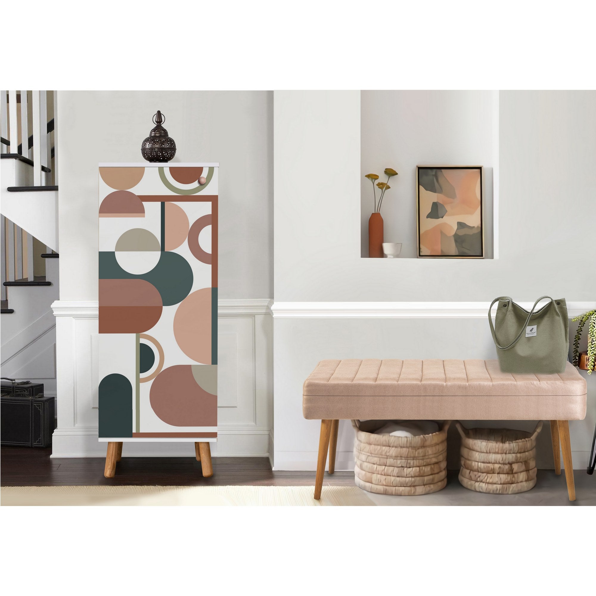 Conjunto de móveis elegantes para corredor, painel de partículas 100% revestido em melamina, pernas de madeira, banco de veludo, branco e pedra, sapateira: 50x135x38 cm, banco: 105x50x40 cm.