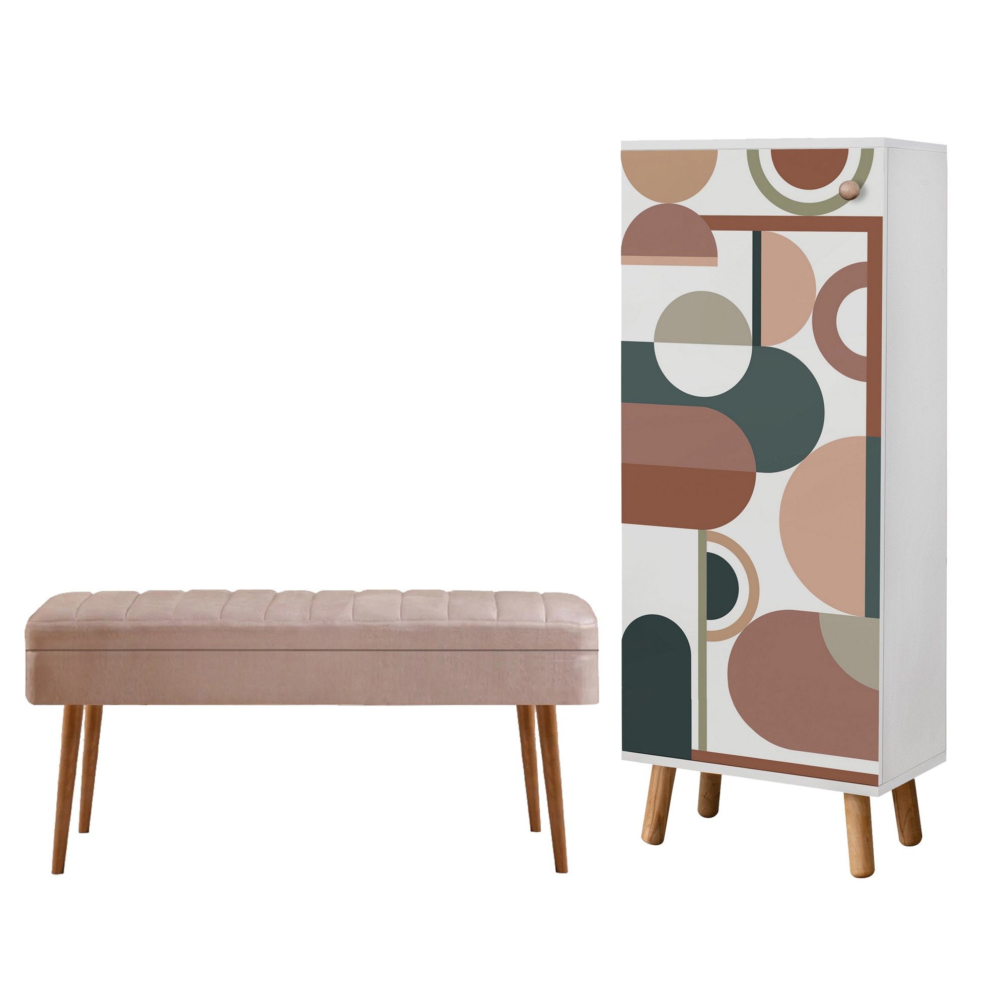 Conjunto de móveis elegantes para corredor, painel de partículas 100% revestido em melamina, pernas de madeira, banco de veludo, branco e pedra, sapateira: 50x135x38 cm, banco: 105x50x40 cm.