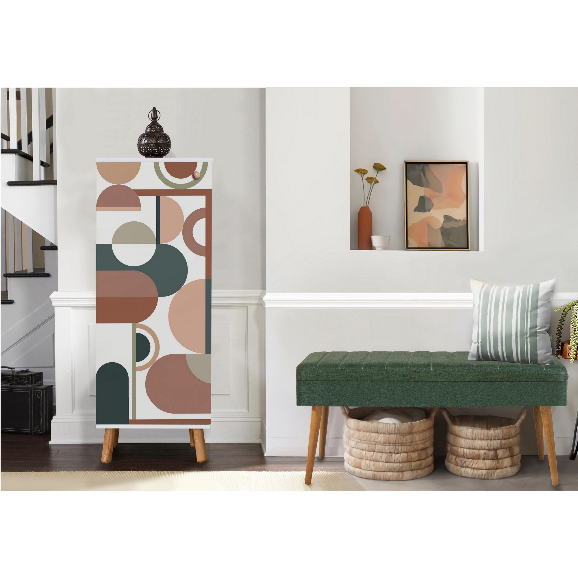 Conjunto de móveis elegantes para corredor, branco e verde, 100% revestido em melamina, 18 mm de espessura | Sapateira (50x135x38 cm) e banco (105x50x40 cm) com pés de madeira e tecido de linho
