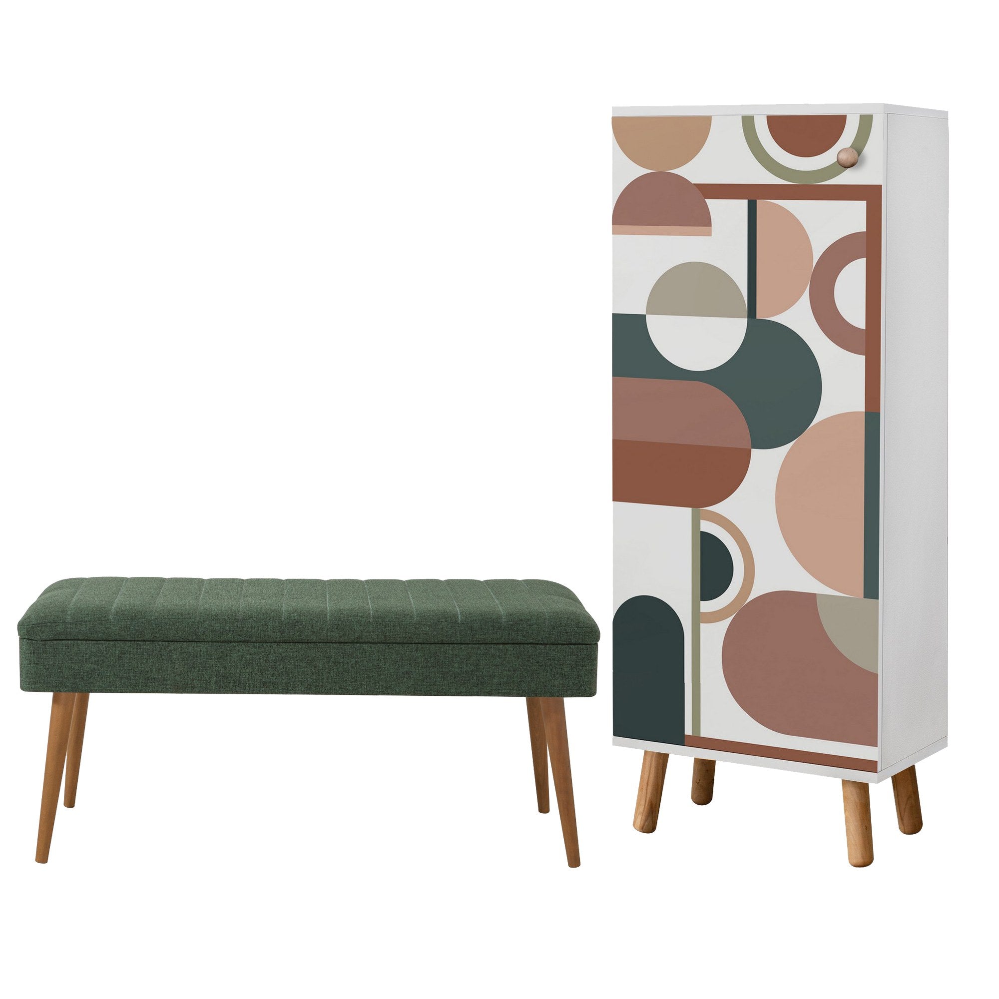 Conjunto de móveis elegantes para corredor, branco e verde, 100% revestido em melamina, 18 mm de espessura | Sapateira (50x135x38 cm) e banco (105x50x40 cm) com pés de madeira e tecido de linho