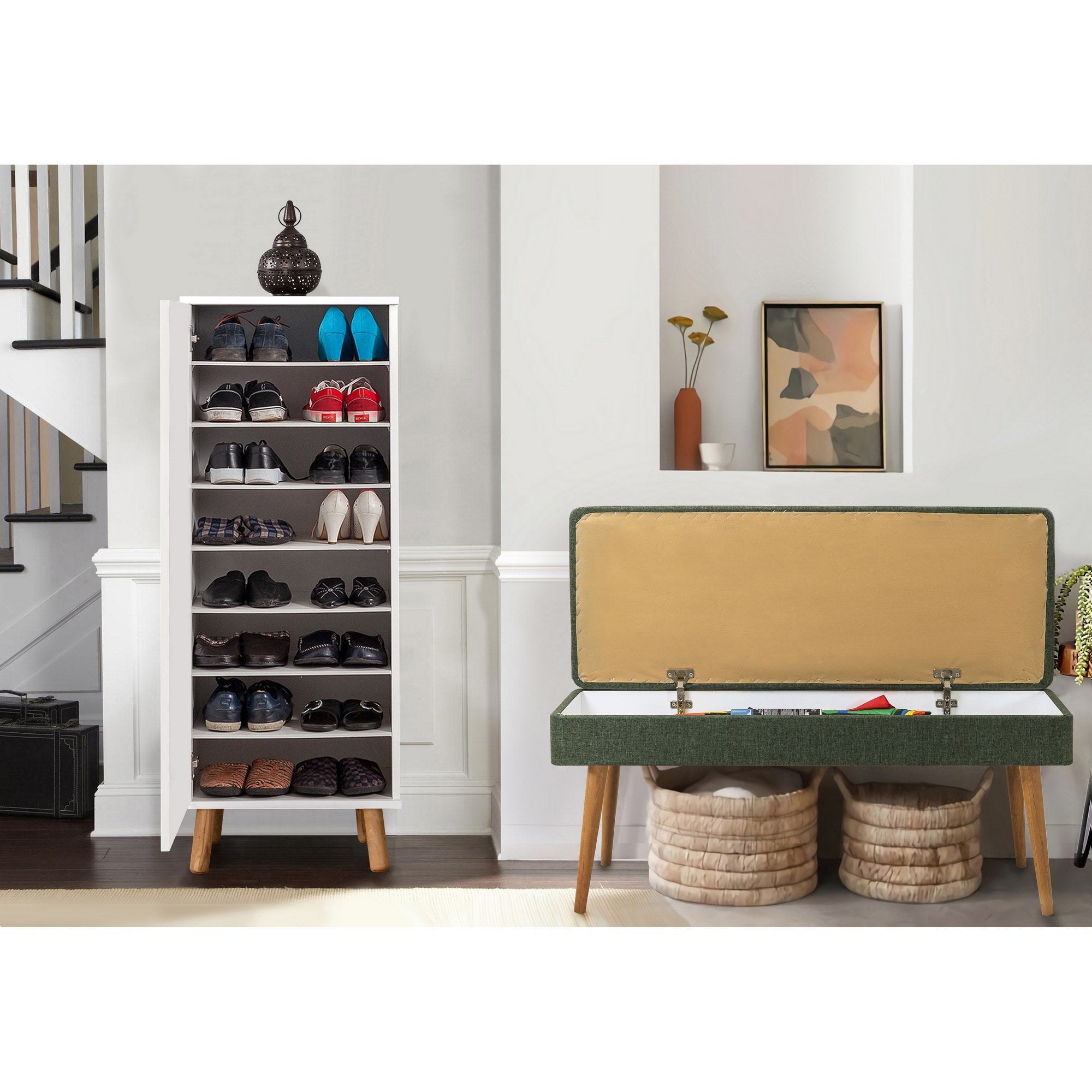 Conjunto de móveis elegantes para corredor, branco e verde, 100% revestido em melamina, 18 mm de espessura | Sapateira (50x135x38 cm) e banco (105x50x40 cm) com pés de madeira e tecido de linho