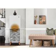 Conjunto de móveis elegantes para corredor, painel de partículas 100% revestido em melamina, pernas de madeira, banco de veludo, branco e pedra, sapateira: 50x135x38 cm, banco: 105x50x40 cm.