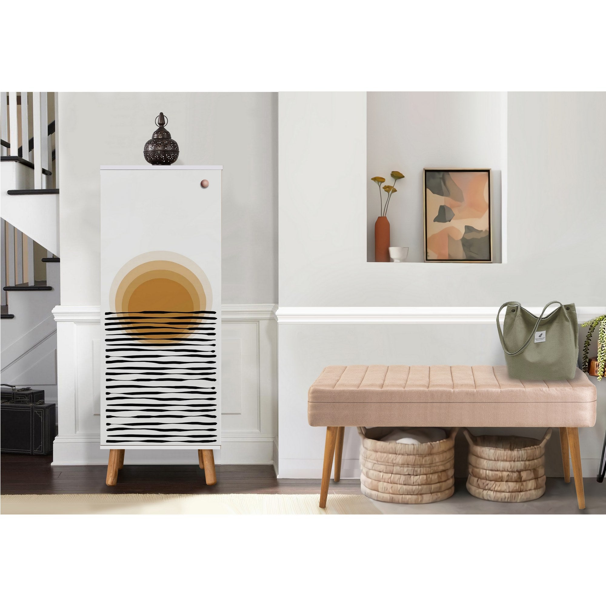 Conjunto de móveis elegantes para corredor, painel de partículas 100% revestido em melamina, pernas de madeira, banco de veludo, branco e pedra, sapateira: 50x135x38 cm, banco: 105x50x40 cm.
