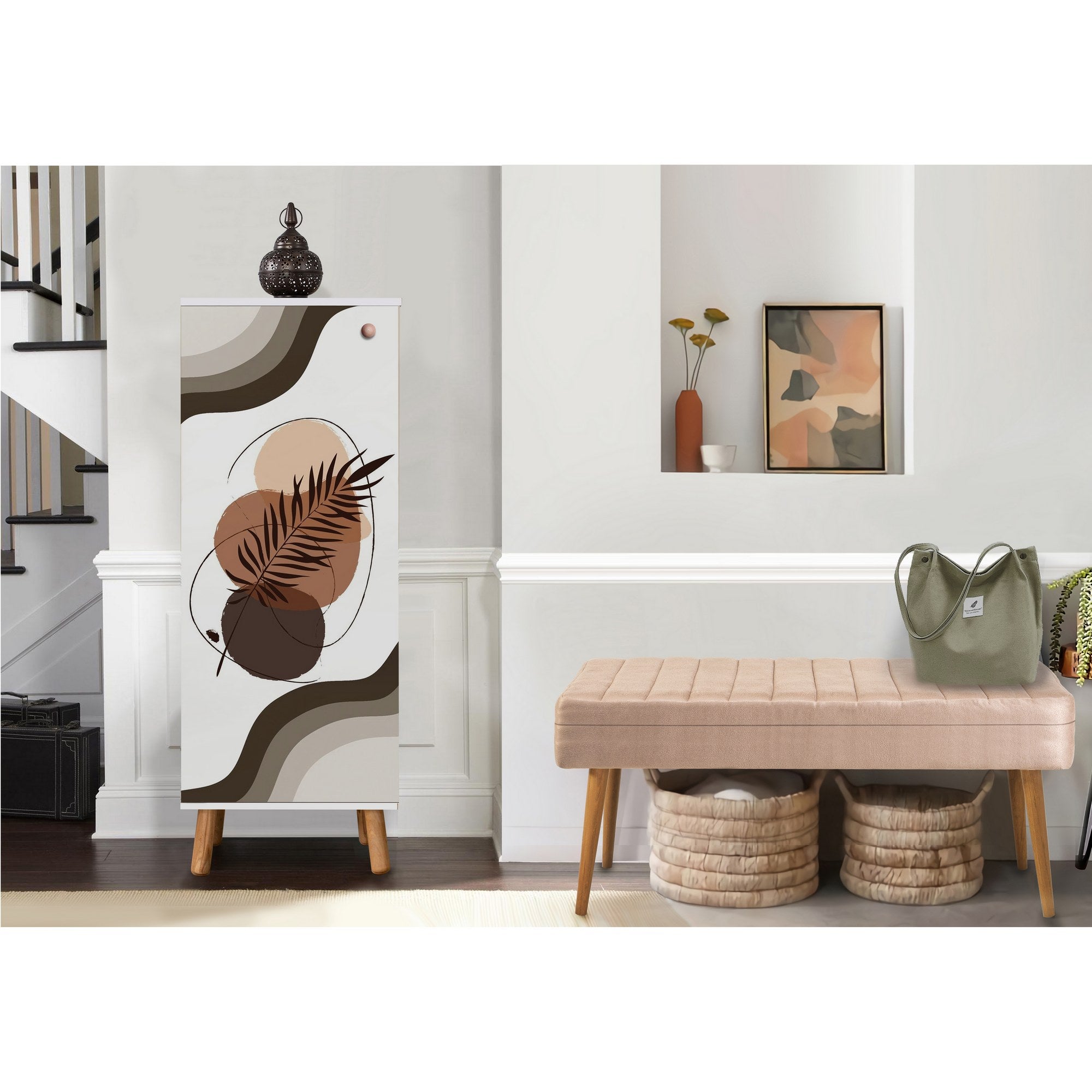 Conjunto de móveis elegantes para corredor, painel de partículas 100% revestido em melamina, pernas de madeira, banco de veludo, branco e pedra, sapateira: 50x135x38 cm, banco: 105x50x40 cm.