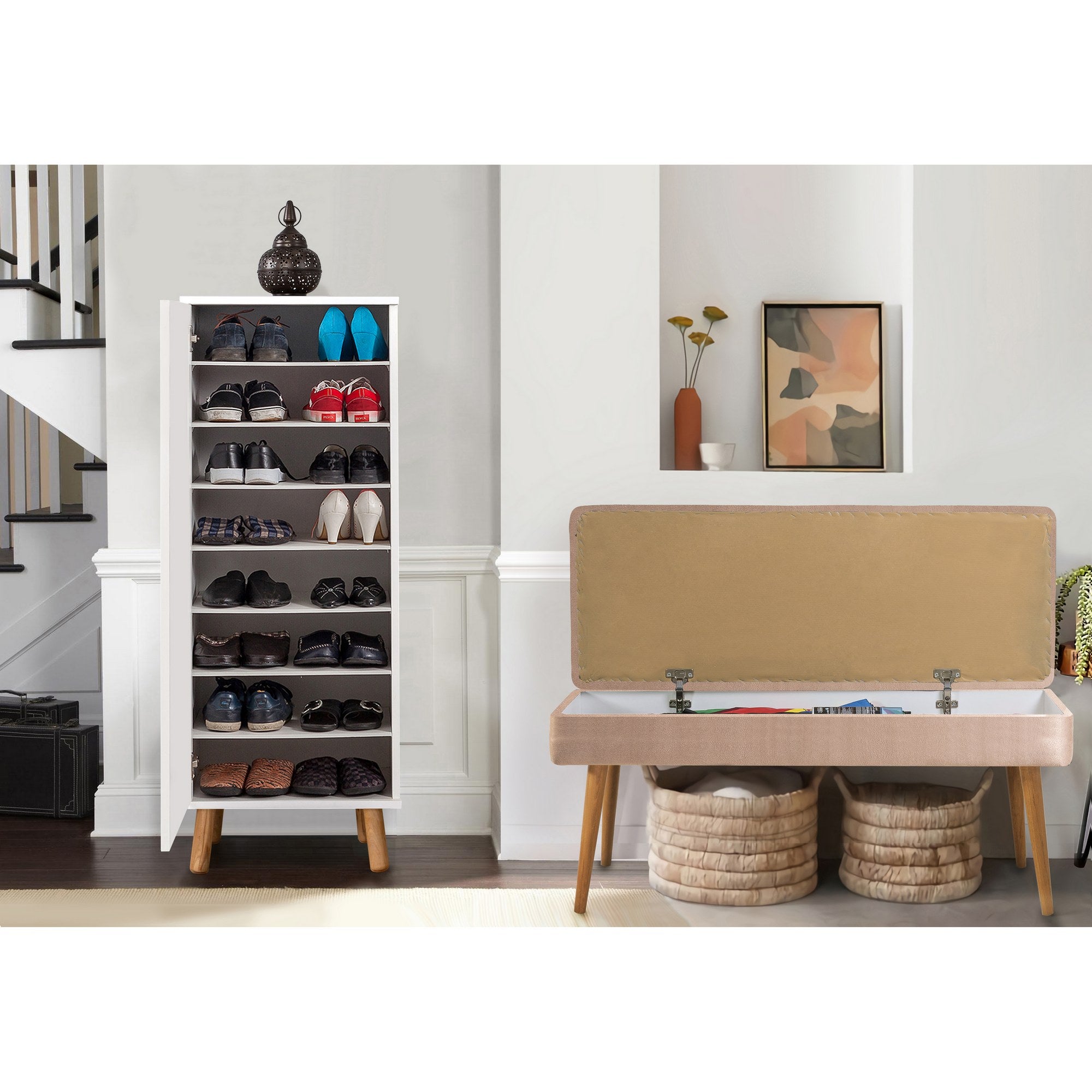 Conjunto de móveis elegantes para corredor, painel de partículas 100% revestido em melamina, pernas de madeira, banco de veludo, branco e pedra, sapateira: 50x135x38 cm, banco: 105x50x40 cm.
