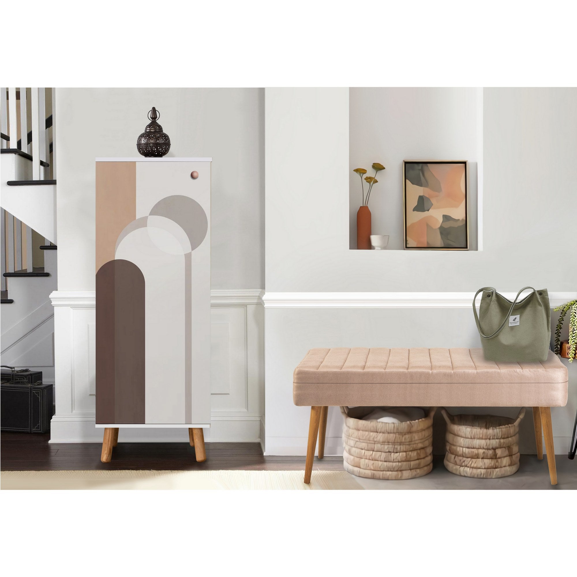 Conjunto de móveis elegantes para corredor, painel de partículas 100% revestido em melamina, pernas de madeira, banco de veludo, branco e pedra, sapateira: 50x135x38 cm, banco: 105x50x40 cm.