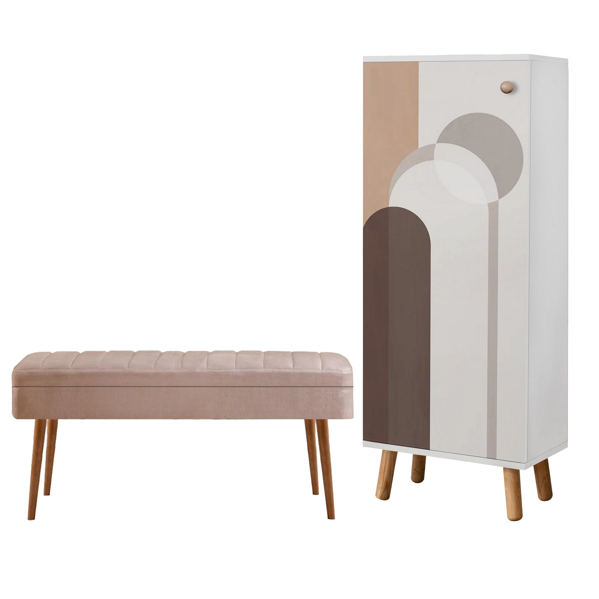 Conjunto de móveis elegantes para corredor, painel de partículas 100% revestido em melamina, pernas de madeira, banco de veludo, branco e pedra, sapateira: 50x135x38 cm, banco: 105x50x40 cm.