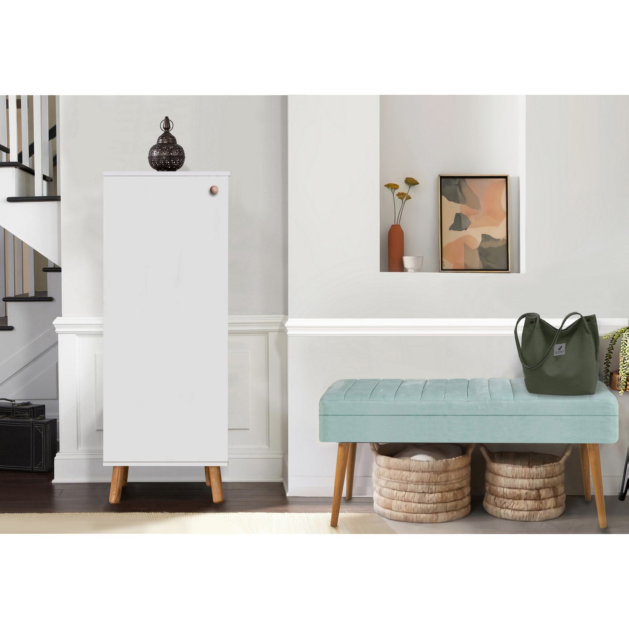Conjunto de Móveis Elegantes para Corredor, Branco e Verde-Mar, 100% Melamina, 18mm de Espessura | Sapateira (50x135x38 cm) e Banco de Veludo (105x50x40 cm)
