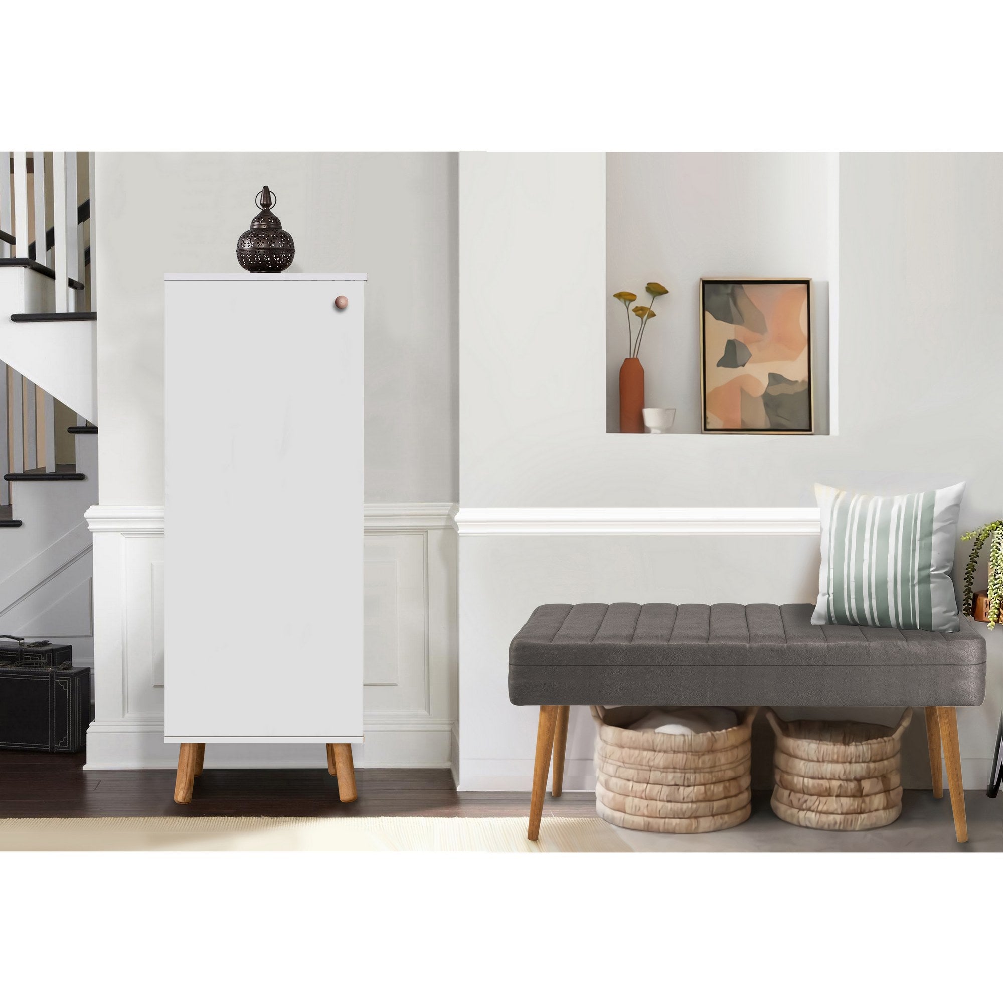 Conjunto elegante de móveis para corredor, 100% aglomerado revestido em melamina, pernas de madeira | Sapateira (50x135x38 cm) e banco de veludo (105x50x40 cm) | Design branco e cinza