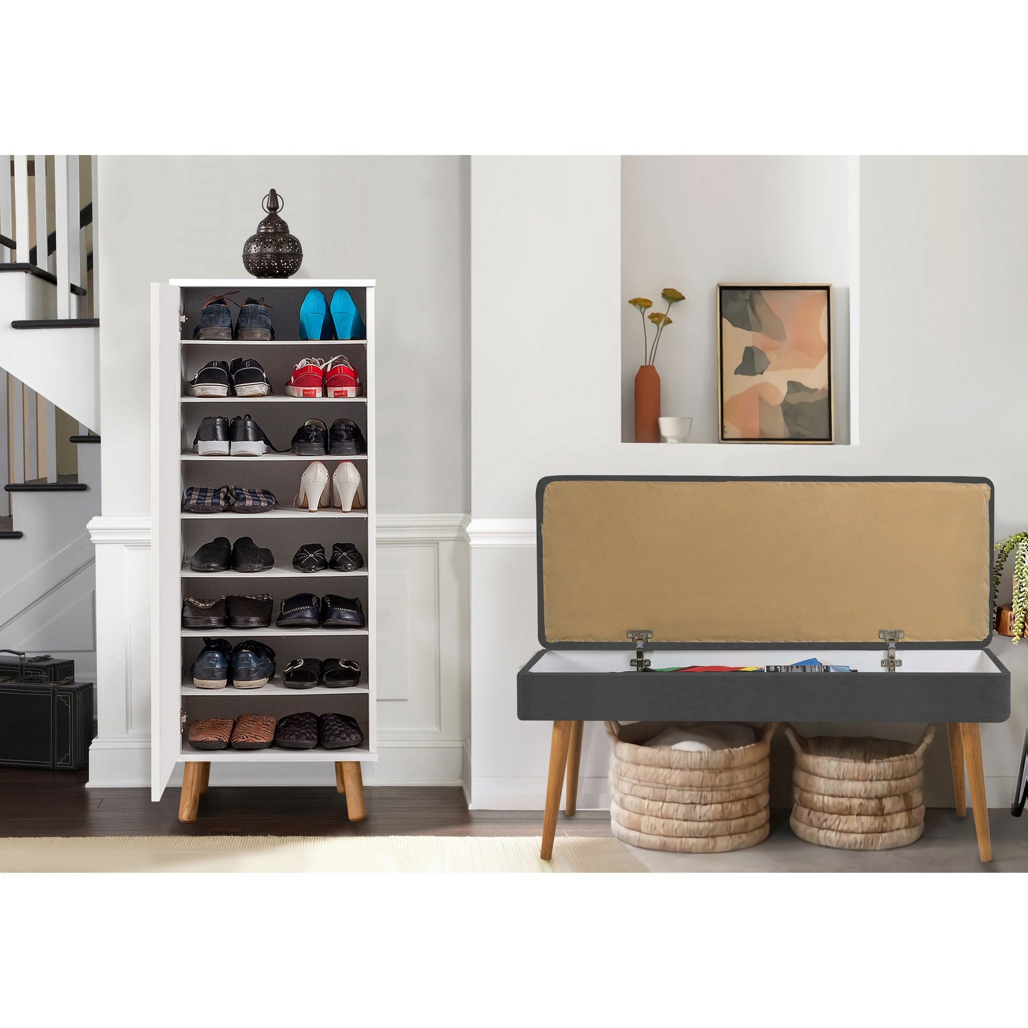 Conjunto elegante de móveis para corredor, 100% aglomerado revestido em melamina, pernas de madeira | Sapateira (50x135x38 cm) e banco de veludo (105x50x40 cm) | Design branco e cinza
