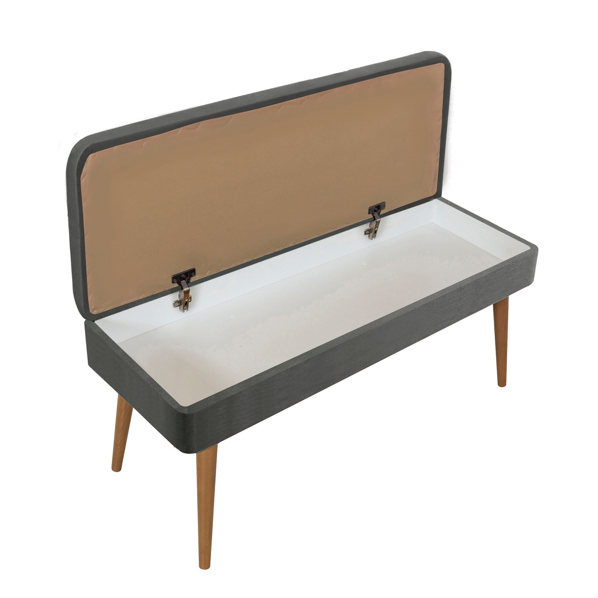 Conjunto elegante de móveis para corredor, 100% aglomerado revestido em melamina, pernas de madeira | Sapateira (50x135x38 cm) e banco de veludo (105x50x40 cm) | Design branco e cinza